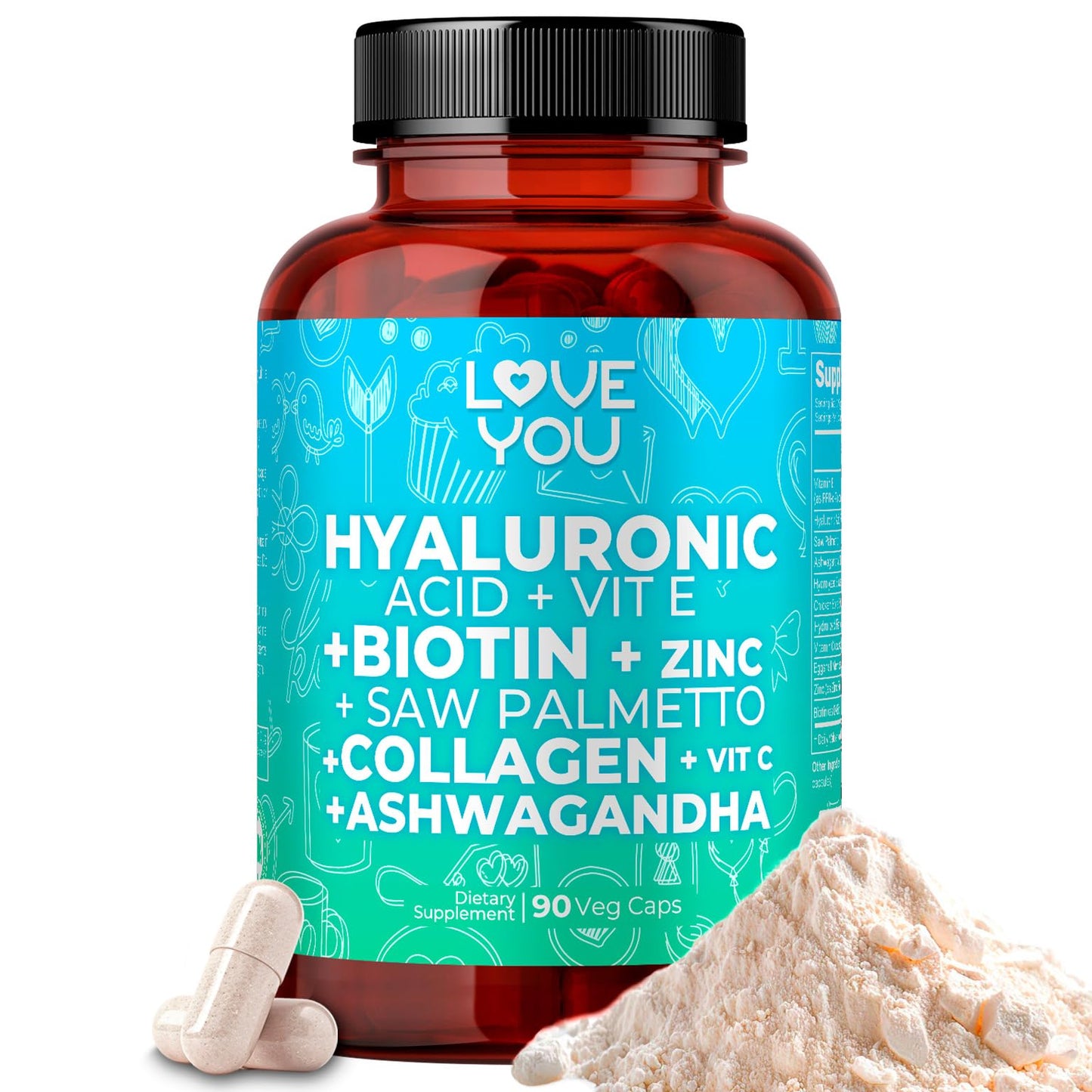 Love You Hyaluronic Acid + Collagen Complex - Beauty & Joint Support with Biotin 10,000 mcg, Zinc, Saw Palmetto & Ashwagandha, 90 Capsules