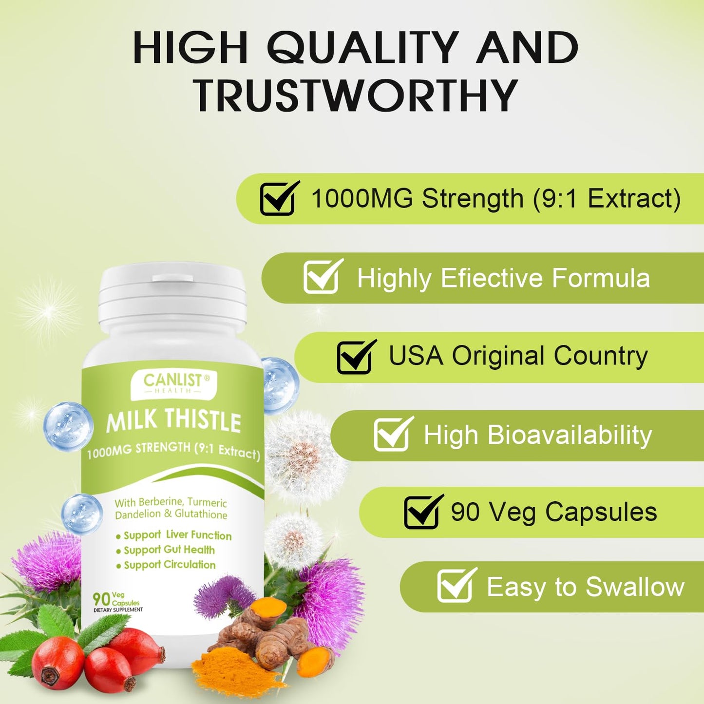 CANLIST Milk Thistle Capsules 1000mg Potent 9:1 Extract, Liver Health Support, Detox & Cleanse, Antioxidant & Gut Health, Non-GMO, Gluten-Free, 90 Capsules