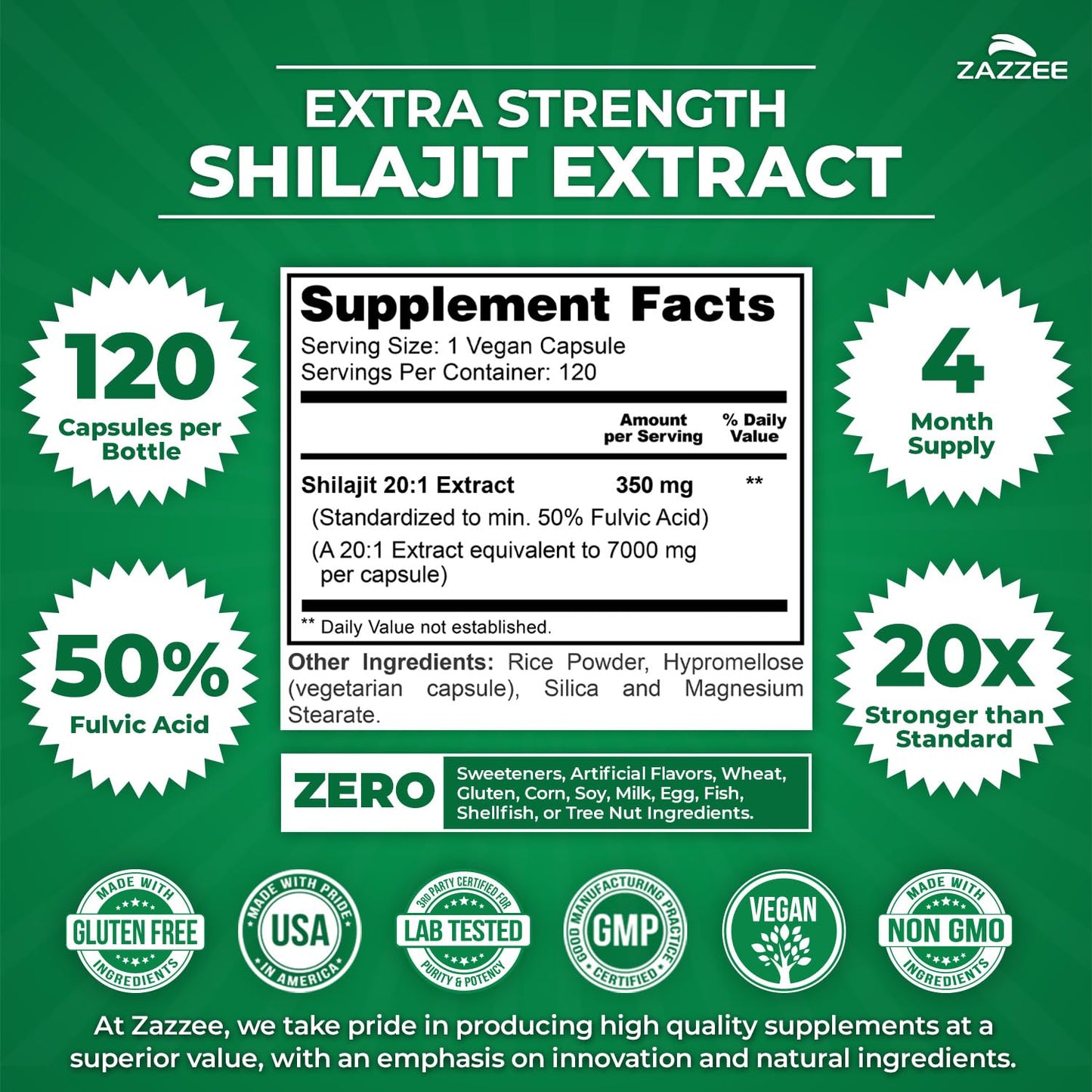 Zazzee 100% Pure Himalayan Shilajit 20:1 Extract, 50% Fulvic Acid, 120 Vegan Capsules