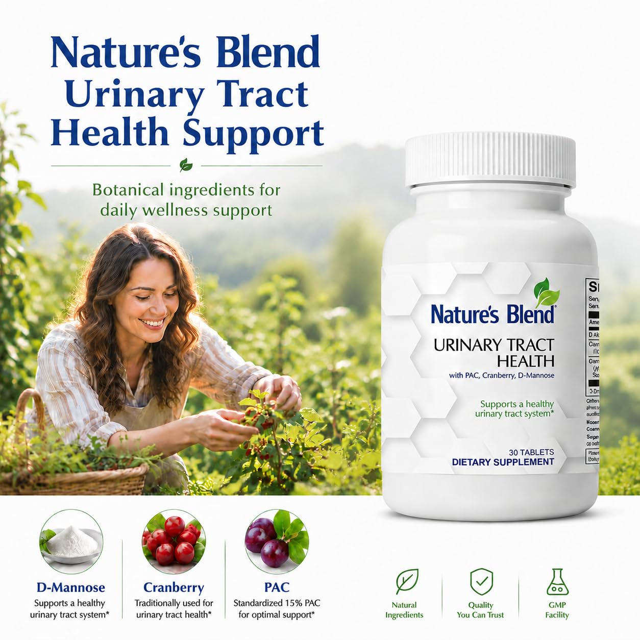 Nature's Blend D-Mannose 420mg with Cranberry 260mg & 36mg PACs, Urinary Tract Support Supplement for Women, Bladder Health Support, D-Mannose Supplements for Women, Non-GMO, 30 Tablets
