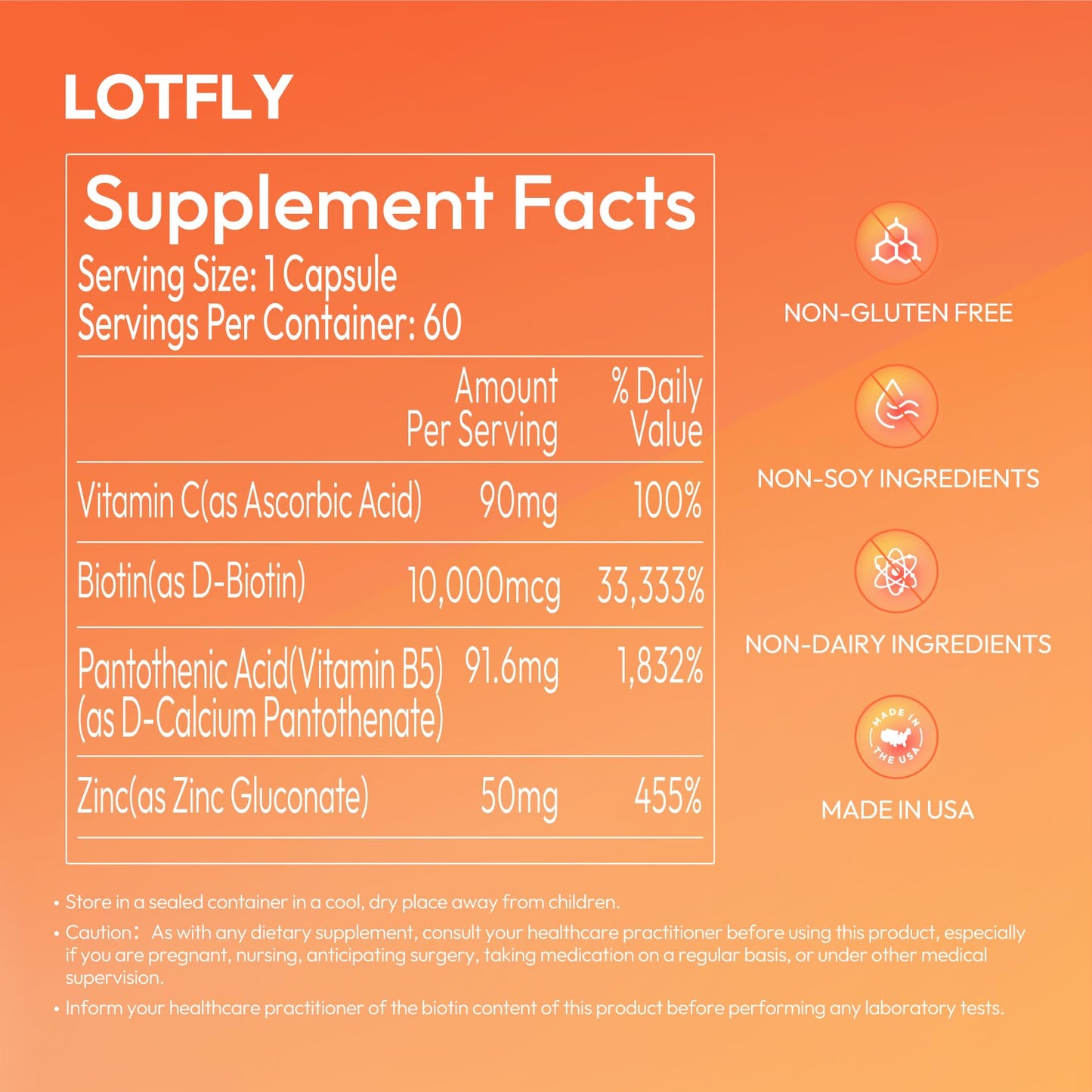 LOTFLY Biotin 10000 mcg with Zinc, Vitamin C & Calcium Pantothenate Capsules, 60 Count