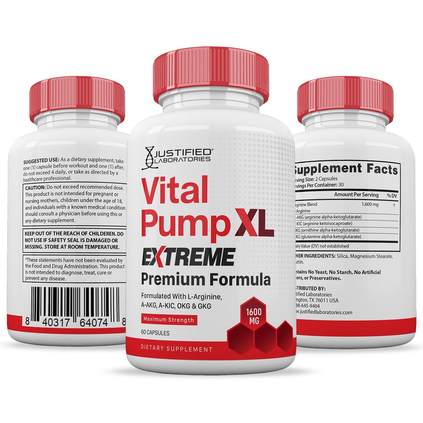 Justified Laboratories Vital Pump XL Extreme Pills 1600MG Premium Formula Proprietary Blend for Men's Health 180 Capsules