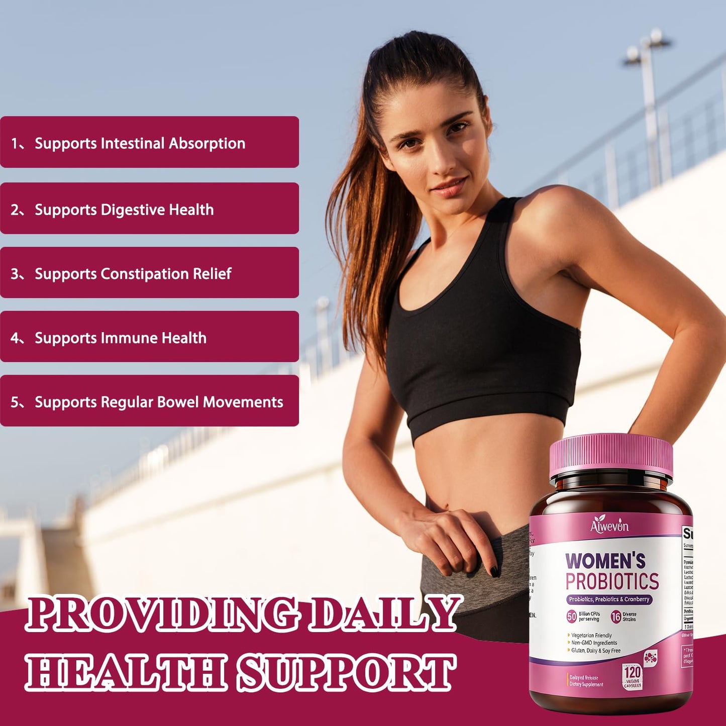 Aiwevon Women Probiotics 50 Billion CFU with Prebiotics & Cranberry, 16-Strain Probiotic for Digestive Gut Health, Vaginal & Urinary Tract Support, 120 Capsules