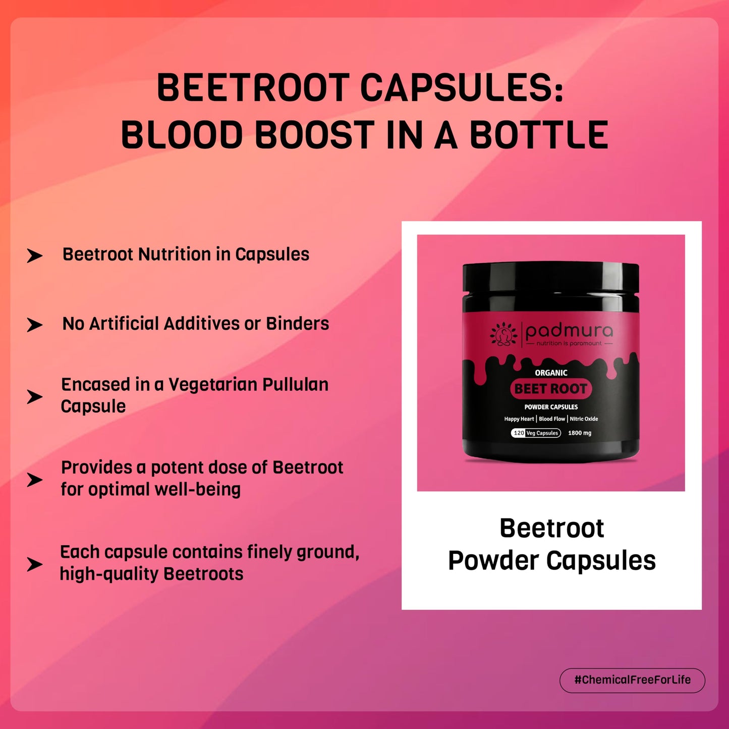 PADMURA Organic Beet Root Powder Capsules 1800mg, 120 Veg Capsules