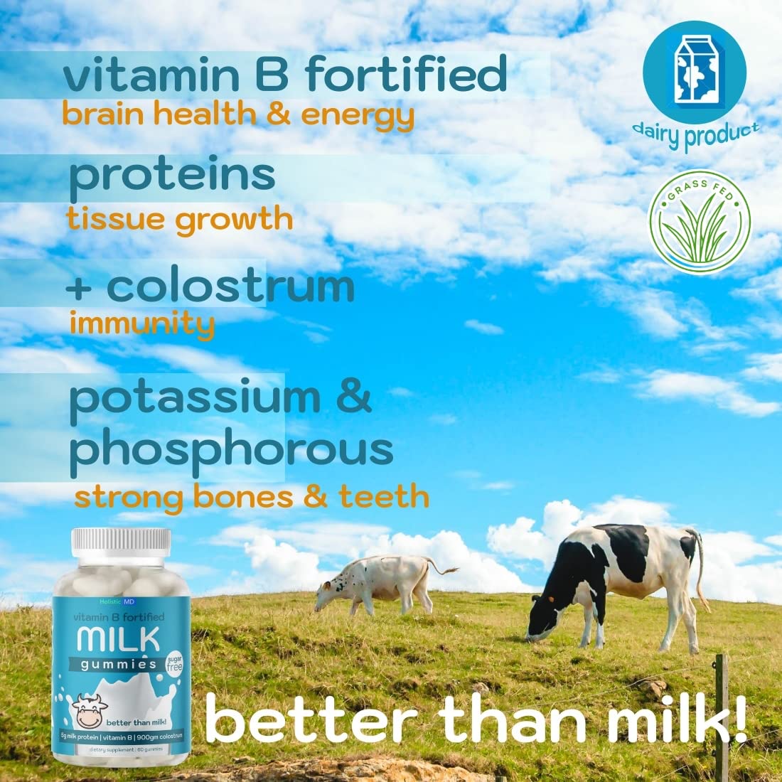Holistic MD Colostrum Gummies with Vitamin B Complex Milk Protein, Sugar Free, 60 Count