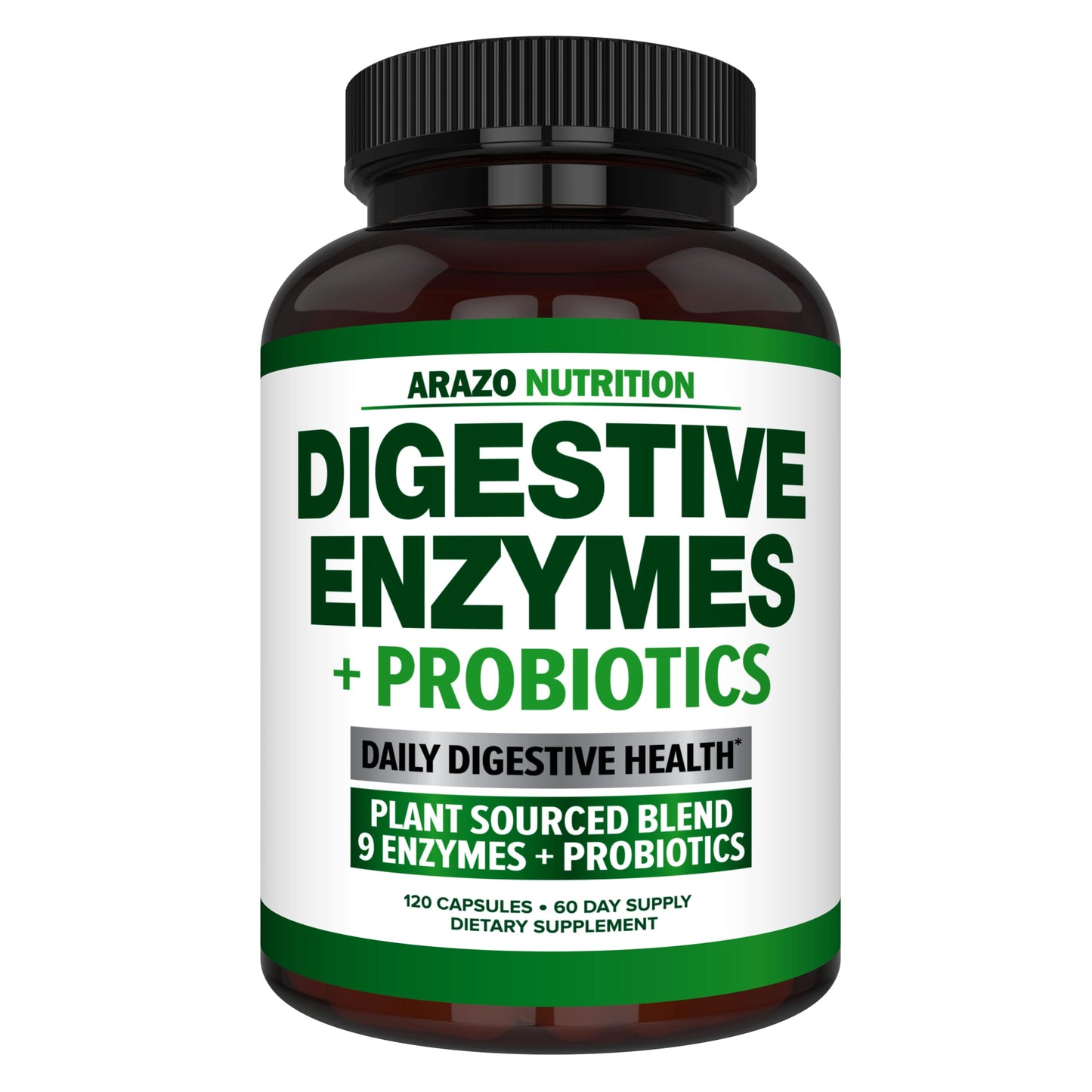 Arazo Nutrition Digestive Enzymes with Probiotics - Multi Enzyme Nutritional Supplement - Acidophilus Bromelain Papaya Papain Lipase & Lactase - Improve Digestion 120 Capsules