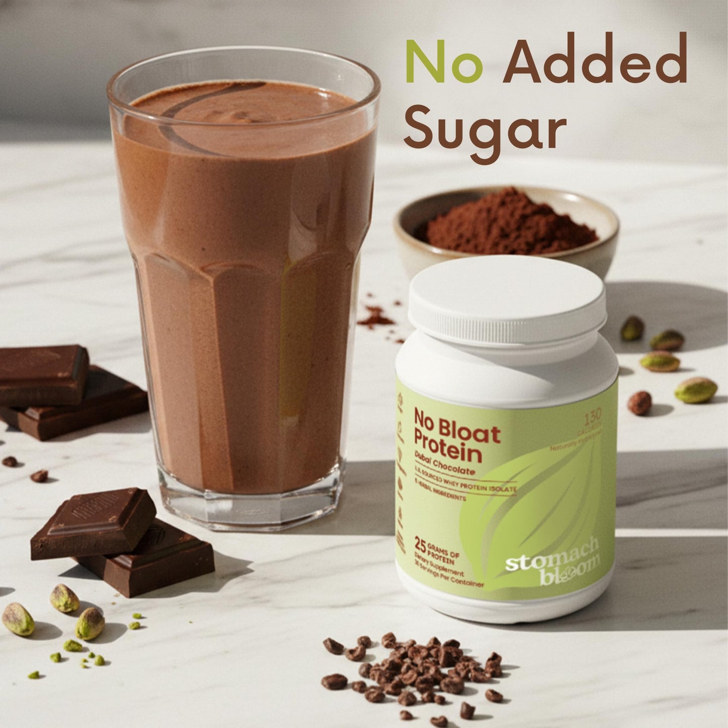 Stomach Bloom No Bloat Protein Powder for Digestive Health – 24g Grass Fed Whey Isolate with 5 Herbs – Natural Dubai Chocolate Flavor, 1 Count