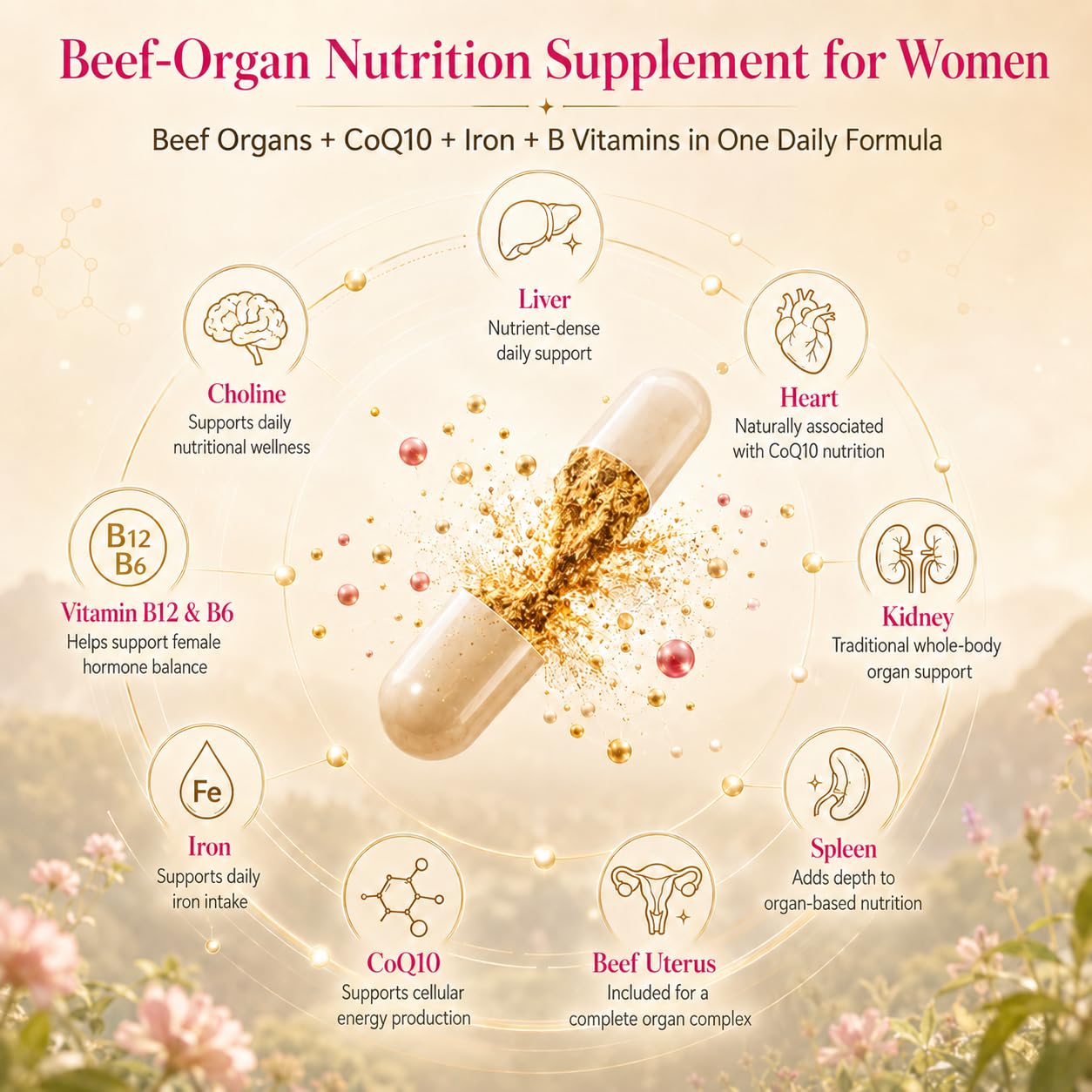 Wellgiuueo Beef Organ Supplement for Women Capsules 120 Count