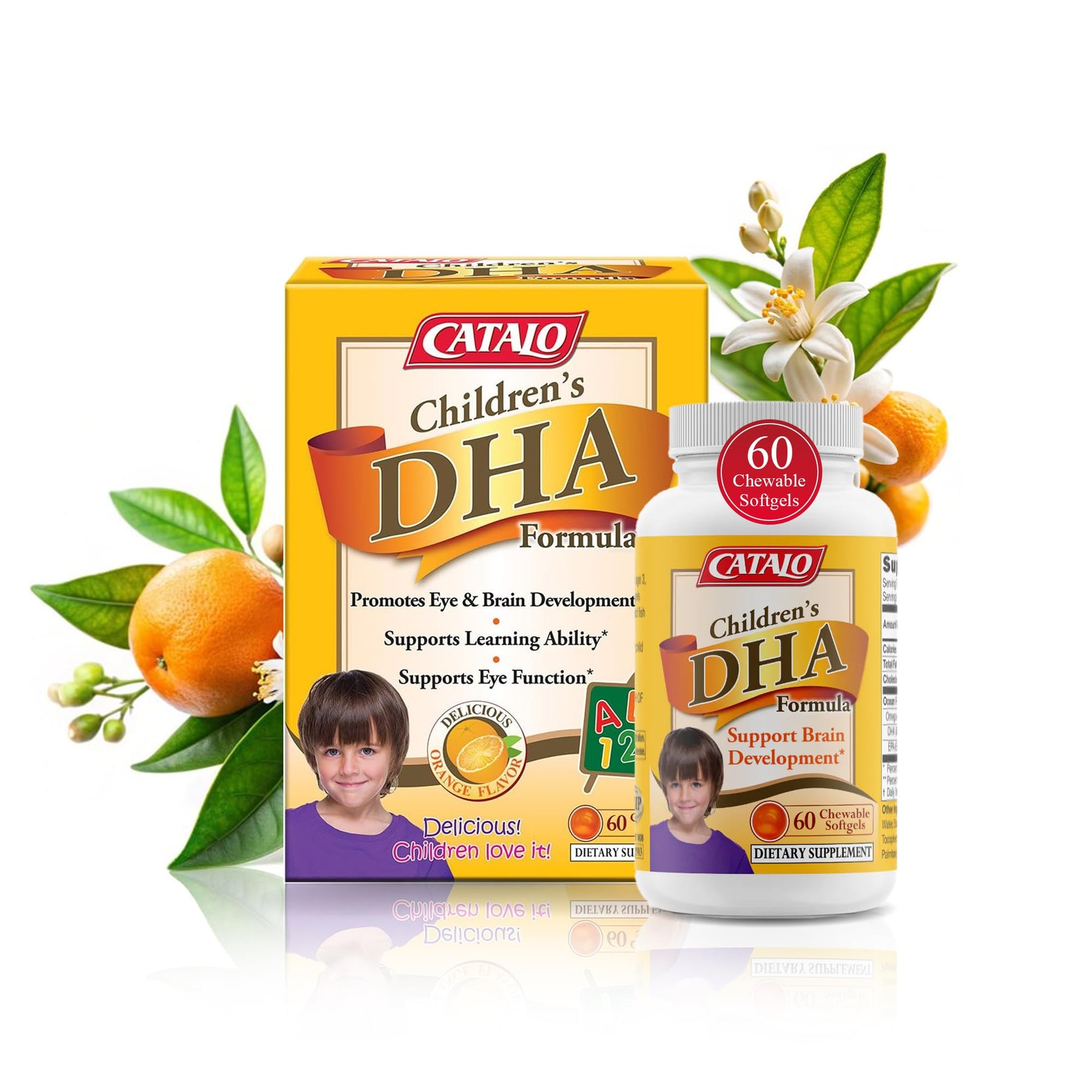 CATALO Children’s DHA Formula – Chewable Softgels with Fish Oil for Kids, 200mg DHA per Serving, Orange Flavor, 60 Softgels