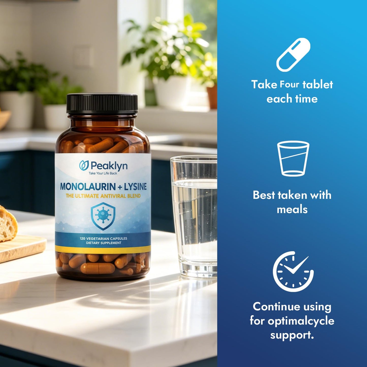 AuraNaturals Peaklyn Monolaurin Lysine Capsule, 120 Capsules