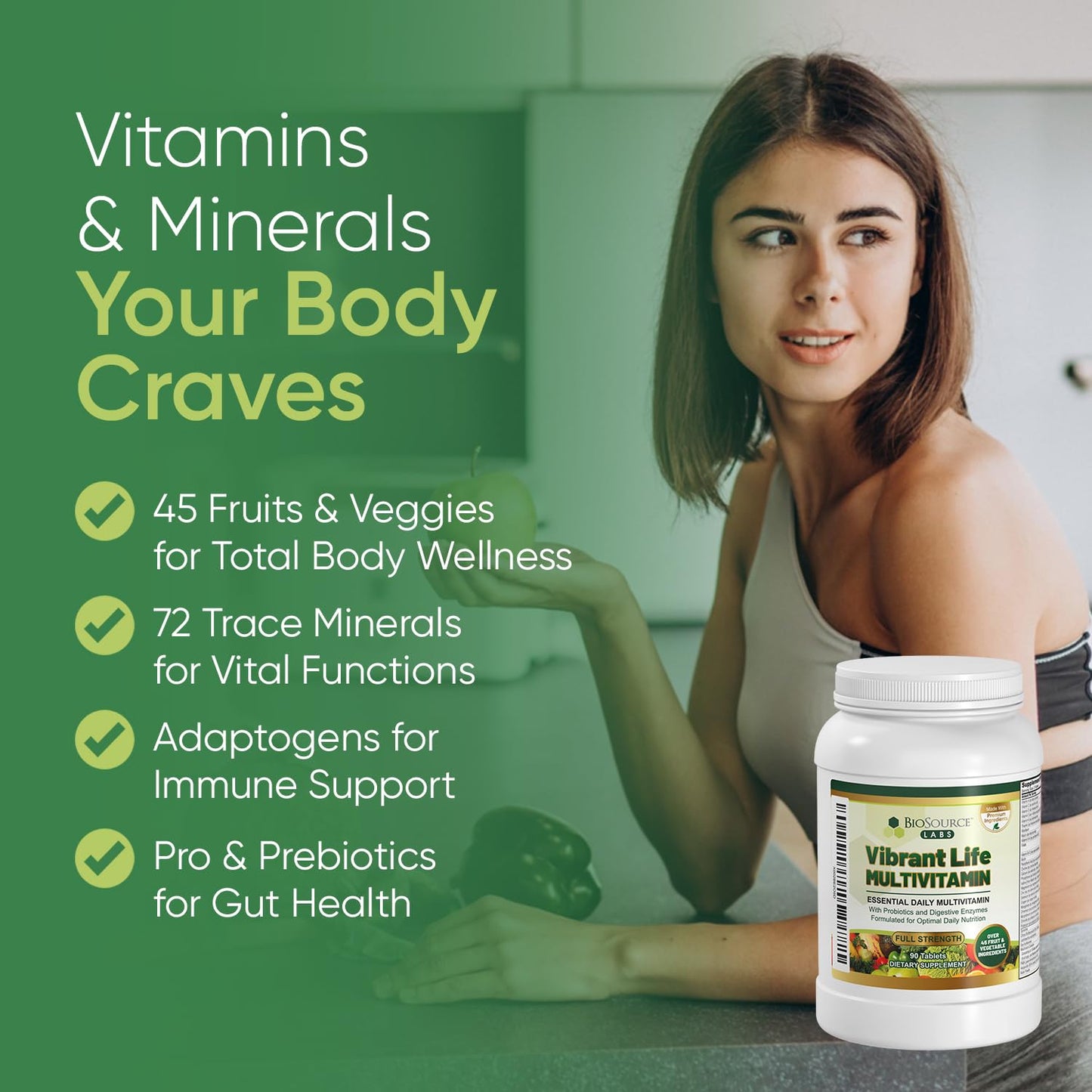 BioSource Labs Vibrant Life Multivitamin with Probiotics, Digestive Enzymes & B-Complex – Over 45 Fruits and Veggies, Non-GMO, Gluten-Free, Daily Vitamins & Minerals for Men & Women 90 Tablets