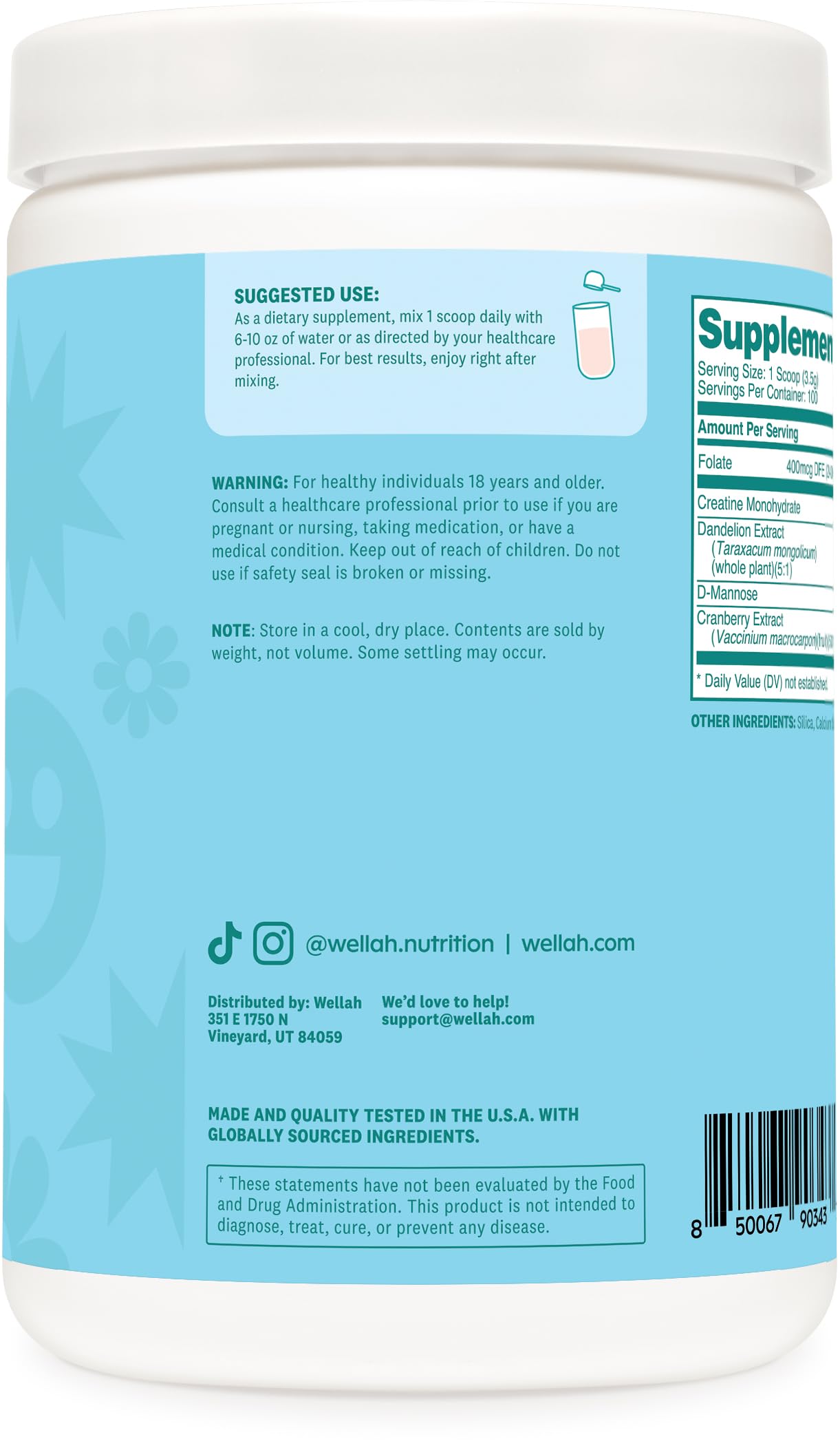 Wellah Creatine for Women - Creatine Monohydrate with Dandelion & Cranberry Extract Powder, 100 Servings