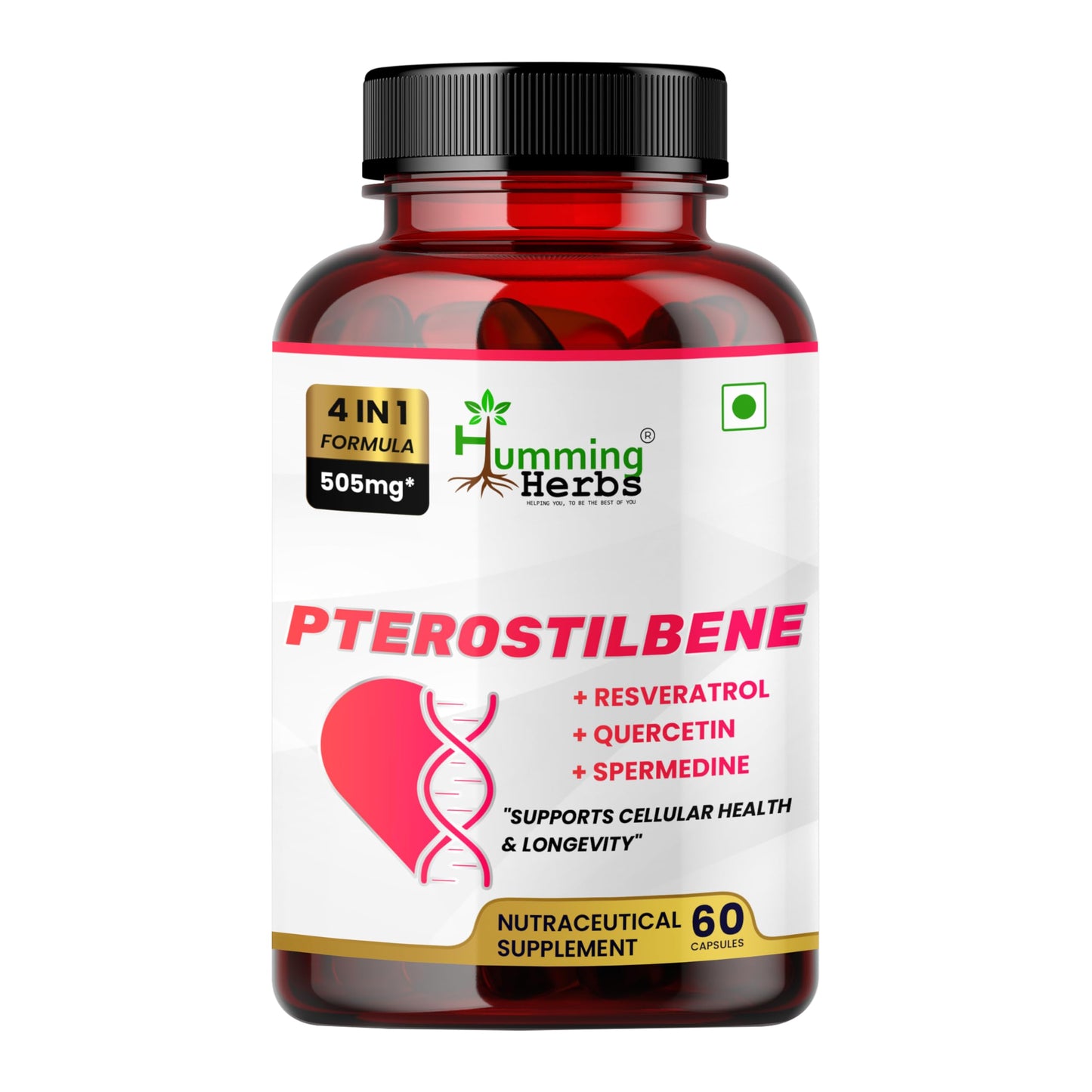 Humming Herbs Pterostilbene Supplement Complex with Trans-Resveratrol, Quercetin & Spermidine – Antioxidant Support for Cellular Health Capsule, 60 Capsules