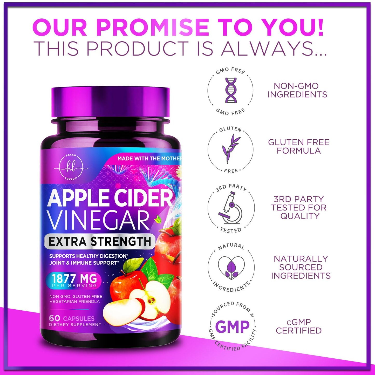Hello Lovely! Apple Cider Vinegar 1877mg Per Serving - Extra Strength ACV Pills with Vitamin D3 - Non-GMO Apple Vinegar Supplement Capsules Sourced from The Mother for Digestion & Immune Support, 60 Capsules