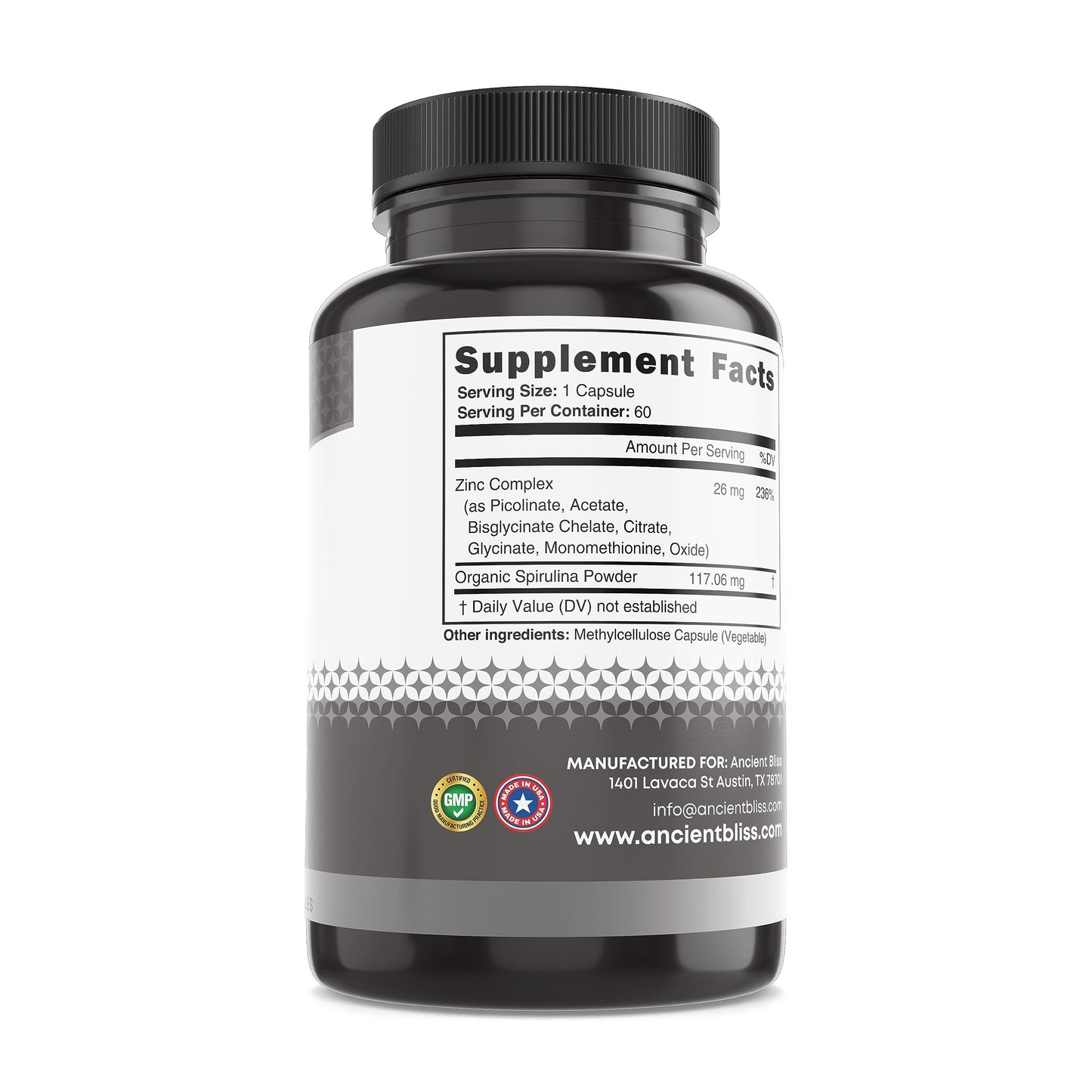 Ancient Bliss Zinc Complex Capsules with Enhanced Absorption, Antioxidant & Immune Support, 60 Capsules