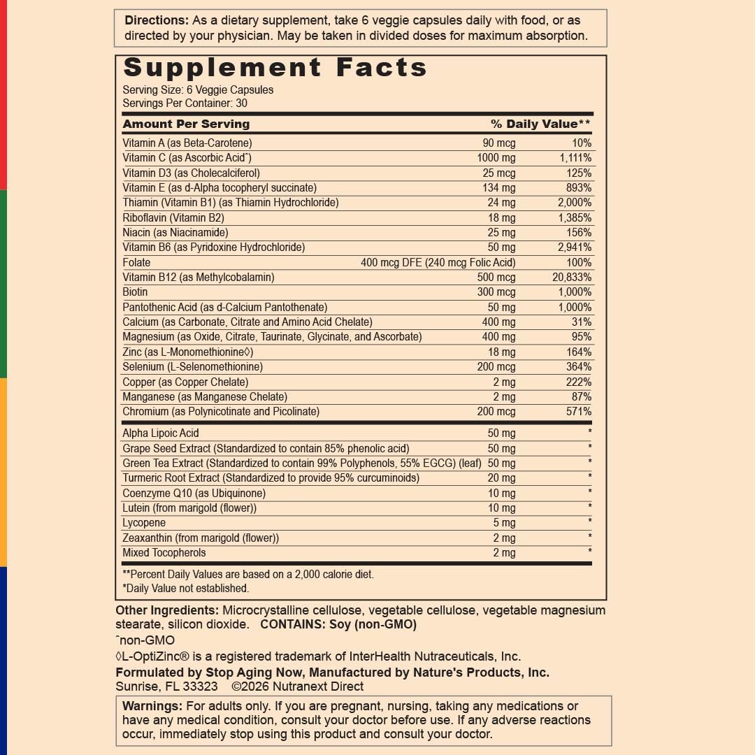 Stop Aging Now Multi360 Multivitamin for Women & Men with Zinc, Biotin, Vitamin C, D3 & B12 Daily Antioxidant Complex, 180 Veggie Capsules