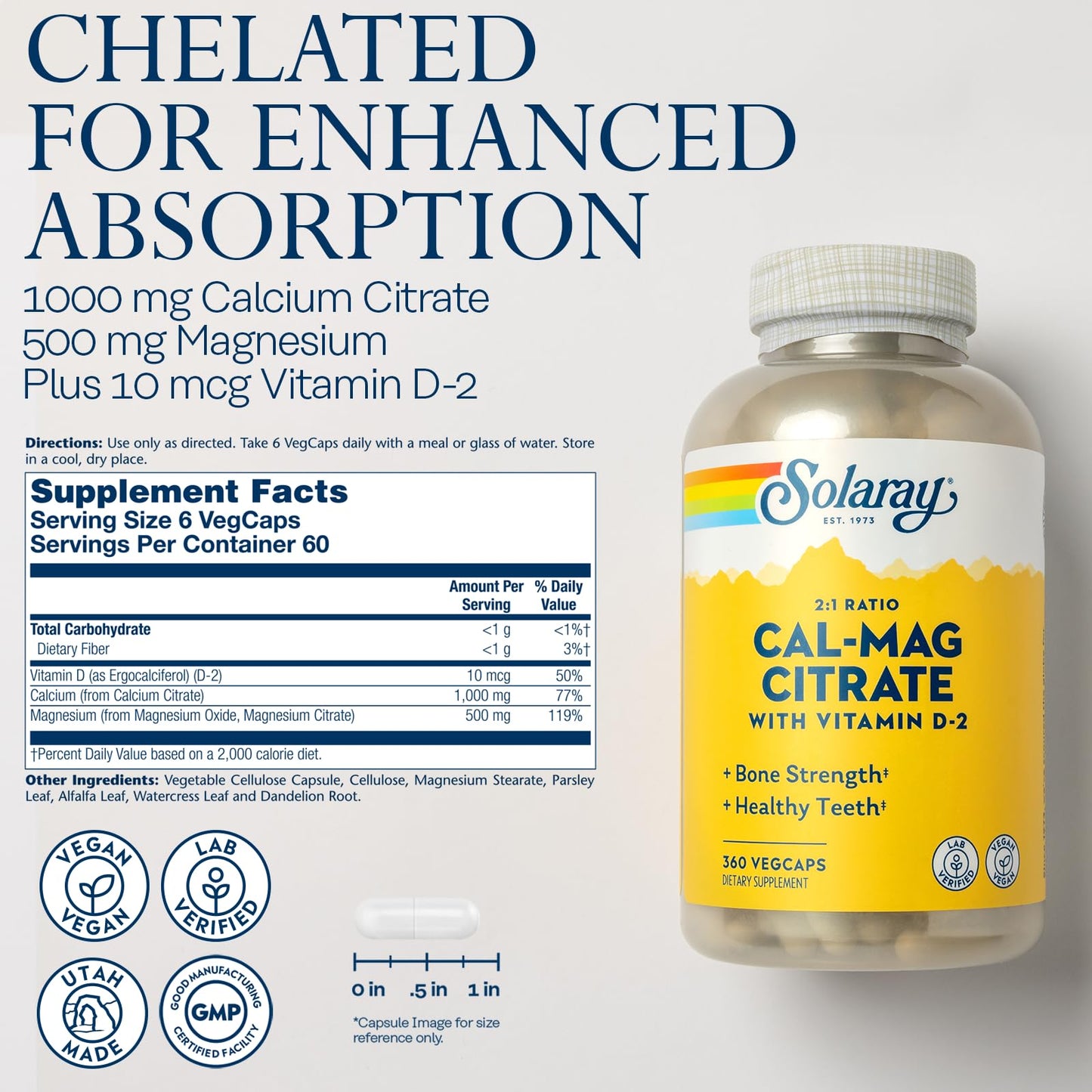SOLARAY Calcium Magnesium Citrate 2 to 1 Ratio 360 Capsules