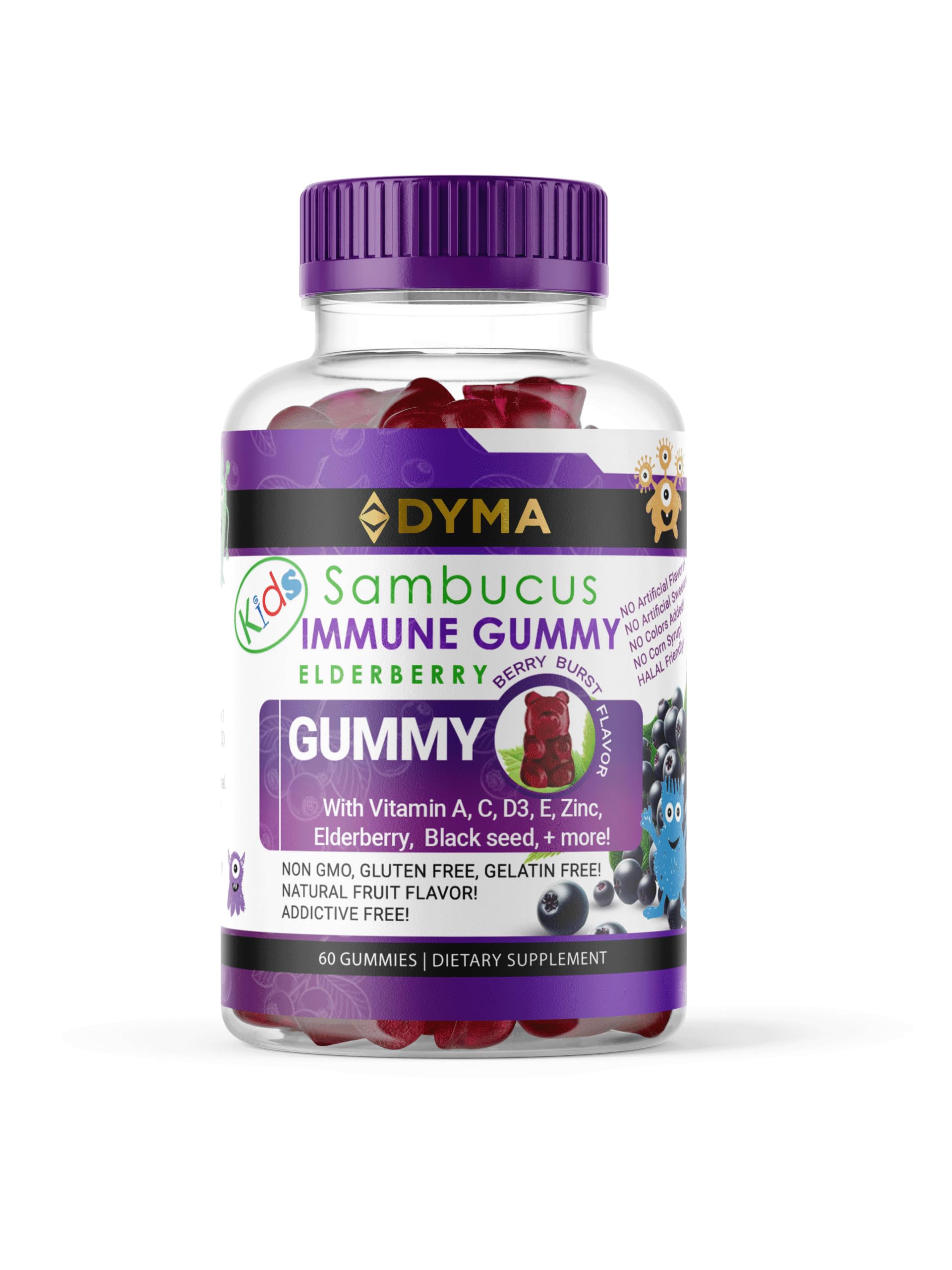 DYMA Elderberry Gummies for Kids 8-in-1, Black Seed Oil Gummies With Multivitamins A, C, D3, E, Zinc, Black Elderberry, Berry Blast Flavor, Non-GMO, No Corn Syrup, Gluten Free, 60 Gummies