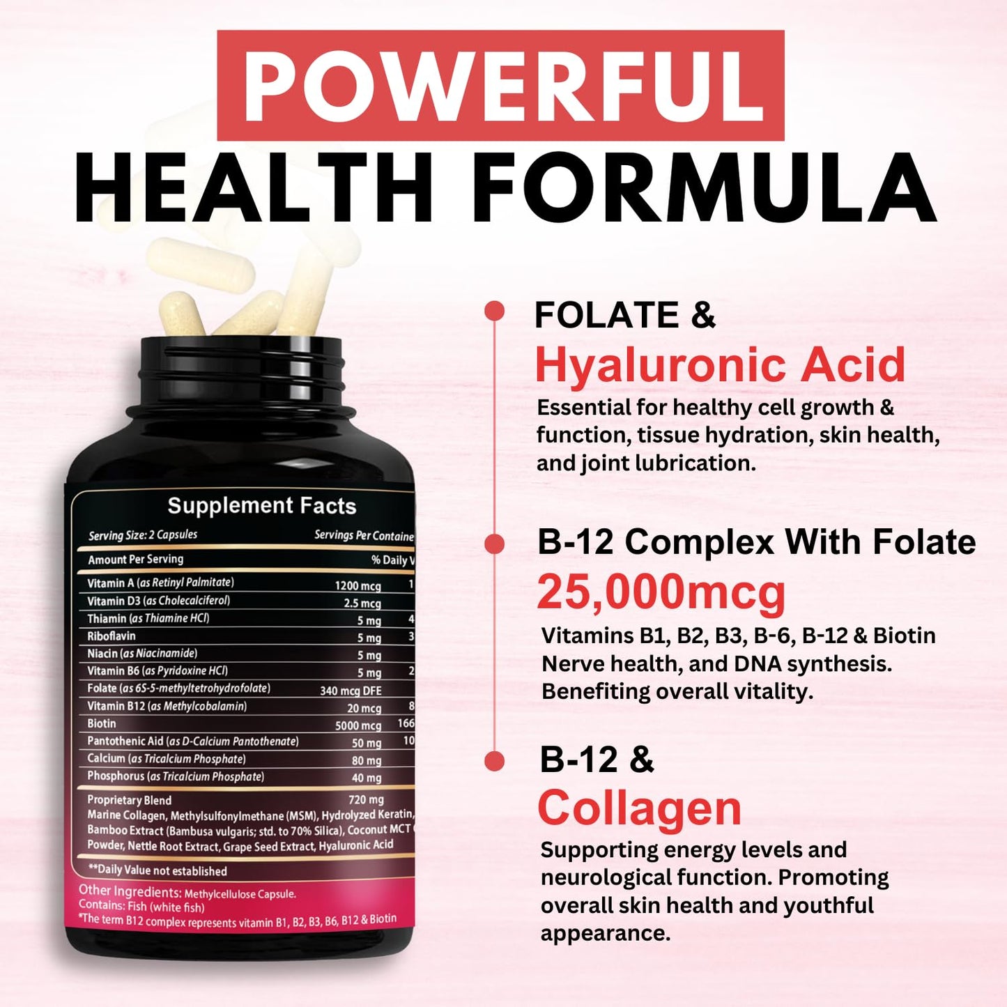 VITBOOST B12 Methylcobalamin with Hyaluronic Acid, Collagen, and Folate – 25000 mcg Supplement Enhance Absorption & Boost Energy, 120 Capsules