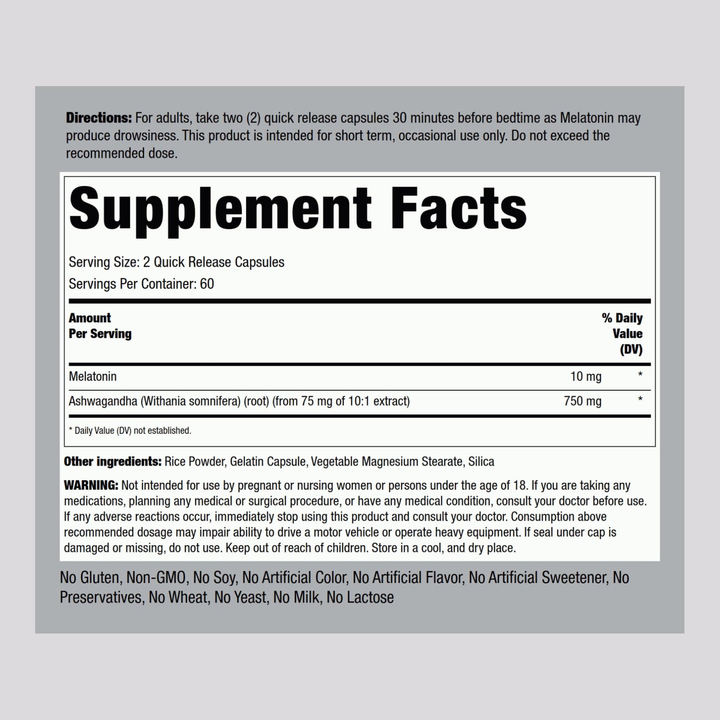 Piping Rock Melatonin 10 mg with Ashwagandha Capsules, 120 Count