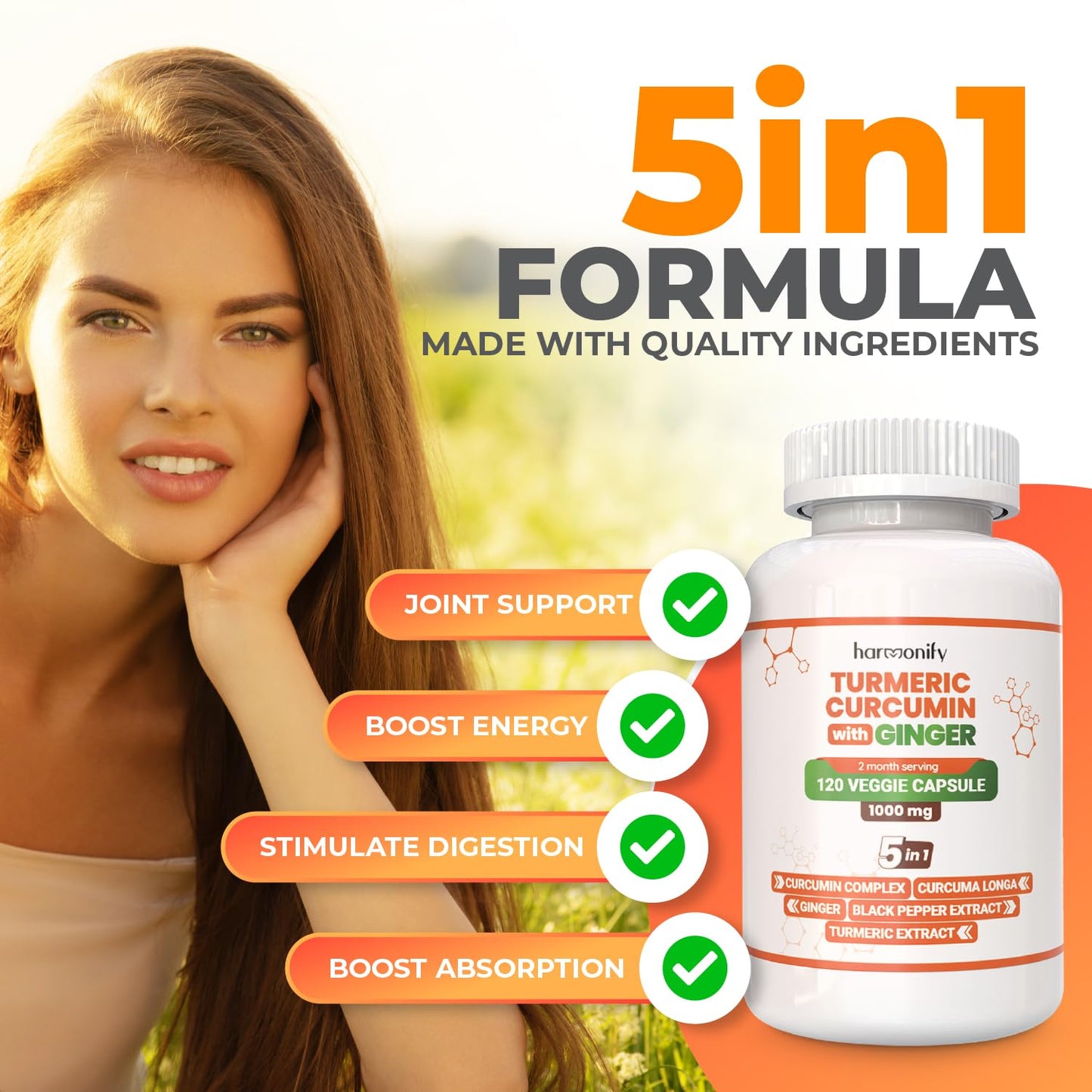 HARMONIFY Turmeric Curcumin Supplement with Ginger, Ceylon Cinnamon and Black Pepper Complex 5 in 1 Formula, Curcuma Longa, Max Absorption, 1000 mg, 120 Capsules