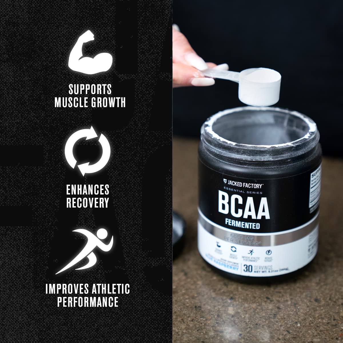 Jacked Factory BCAA Powder (Fermented), 6g BCAAs per Serving, 30 Servings
