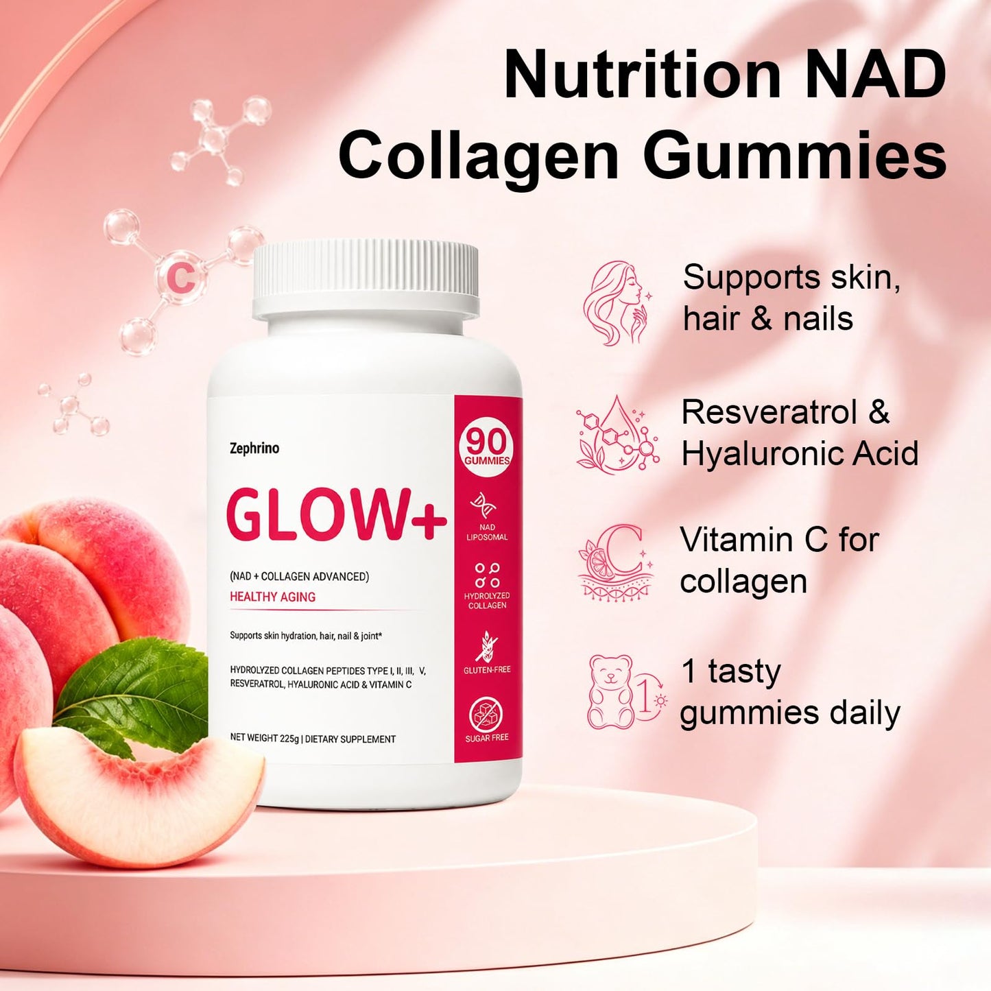 Zephrino Collagen Glow+ Gummies with NAD+ & Collagen Peptides, 90 Count