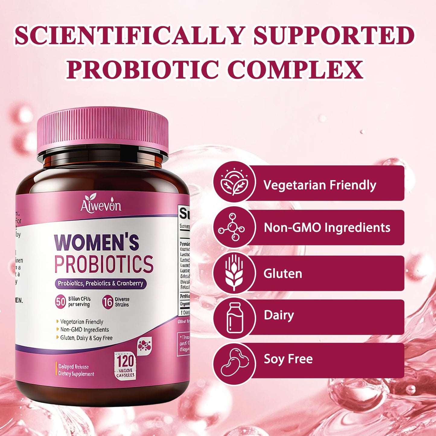 Aiwevon Women Probiotics 50 Billion CFU with Prebiotics & Cranberry, 16-Strain Probiotic for Digestive Gut Health, Vaginal & Urinary Tract Support, 120 Capsules