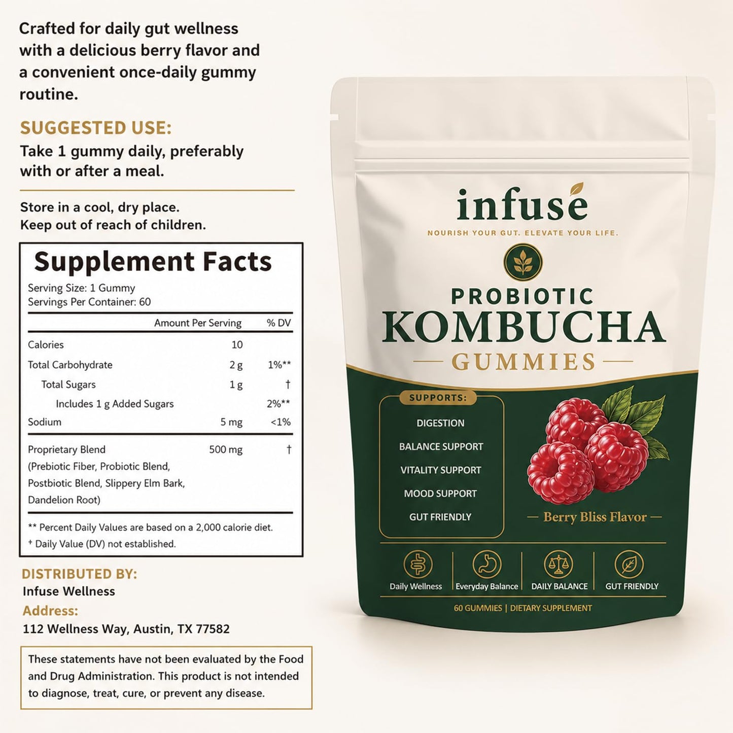 Timbersonic Infuse Probiotic Kombucha Gummies Supplement Vitamin Capsule 1