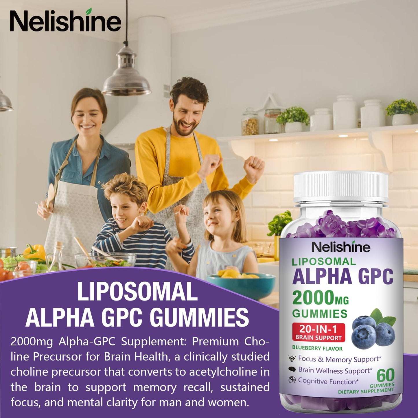 Nelishine Liposomal Alpha GPC 2000mg & Citicoline Gummies Complex, 20-in-1 Blend for Focus, Memory & Cognitive Support, 120 Gummies