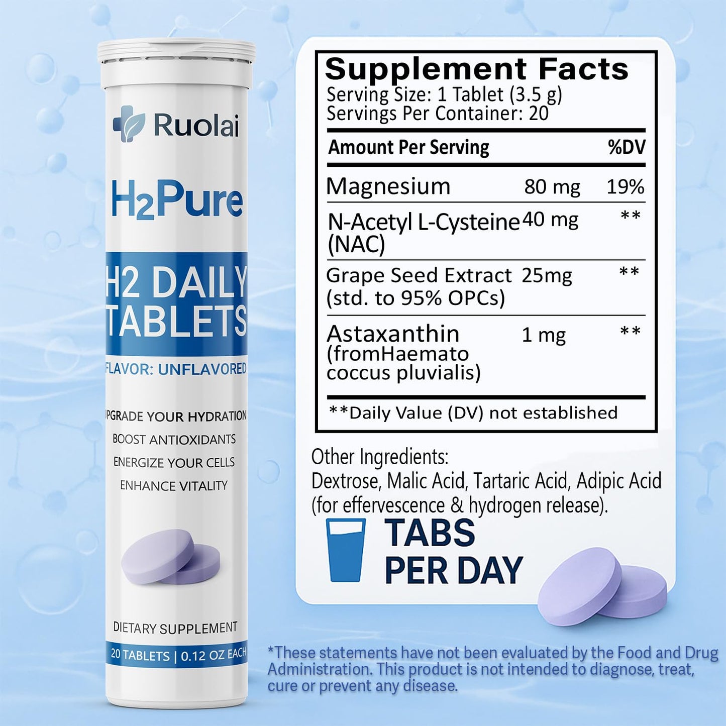 Ruolai H2pure Hydrogen Tablets, 20 Count