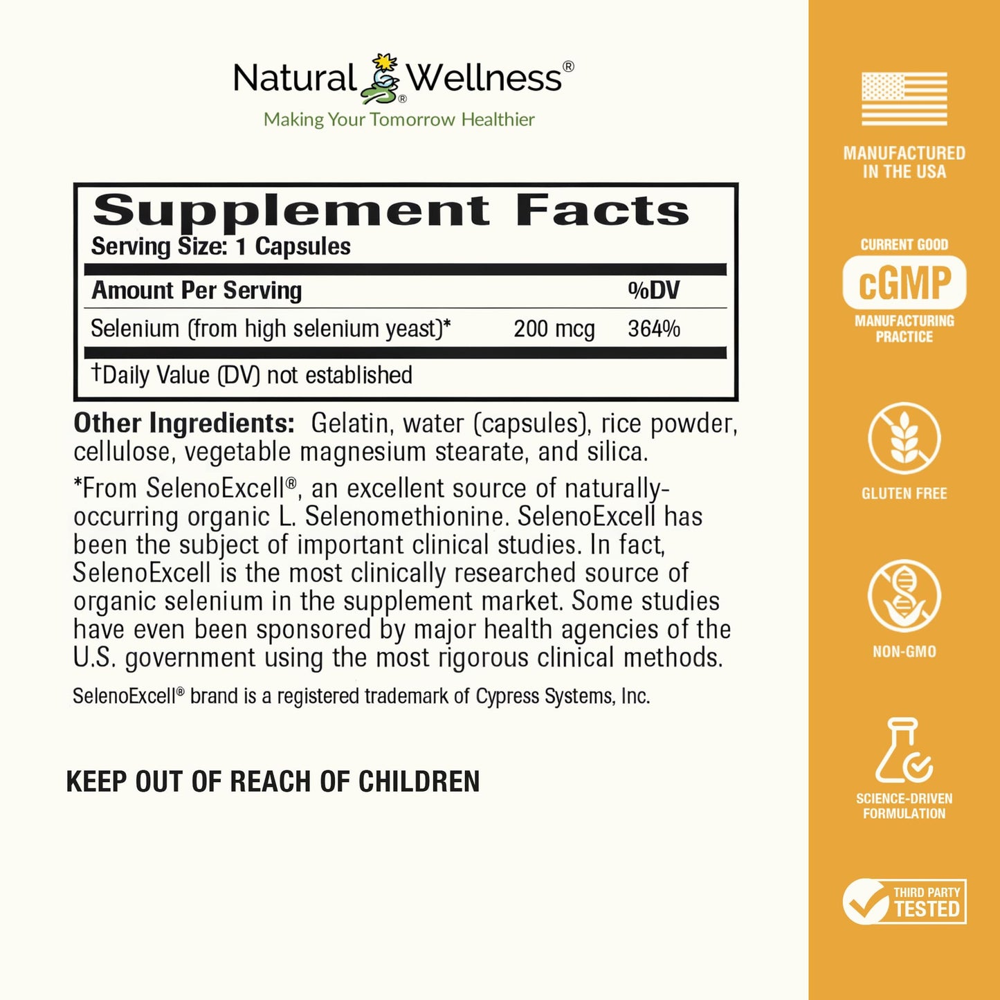 Natural Wellness Organic Selenium 200 mcg High Absorption SelenoExcell Selenium Supplement, 60 Capsules