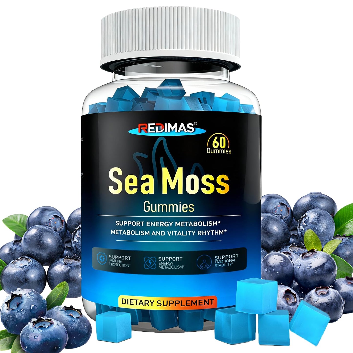 Redimas Sea Moss Gummies with Ashwagandha Root – Blueberry Flavor, Plant-Based Chewy Supplement, Daily Wellness, 60 Count