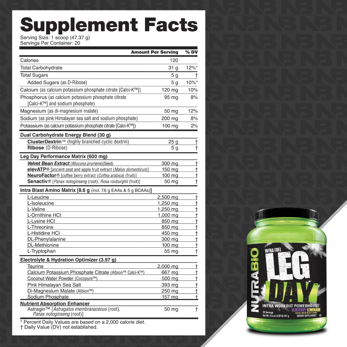 NutraBio Leg Day Intra Workout Powder, 20 Servings