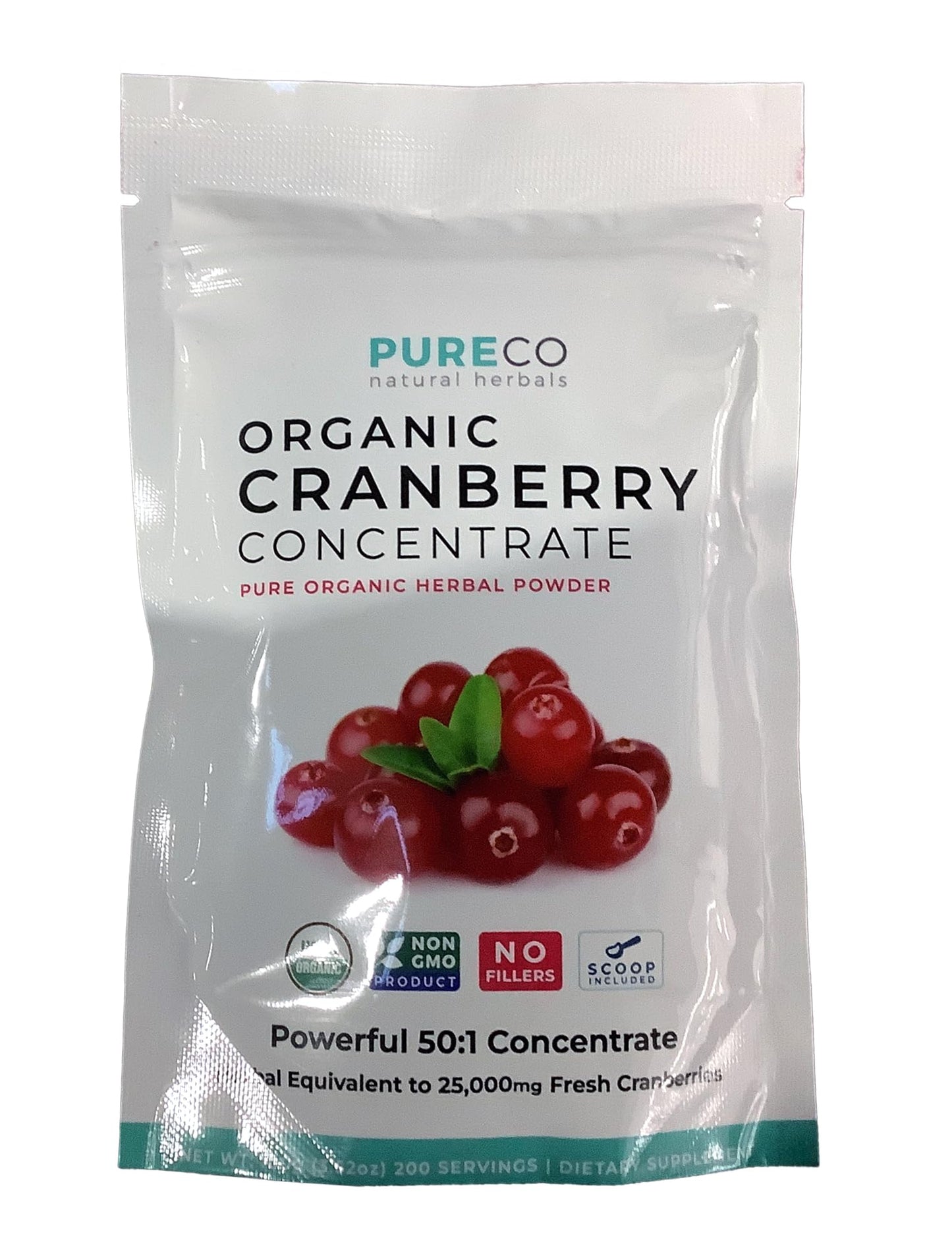 PURE CO Cranberry Concentrate Powder 1.76 Ounce - USDA Organic Cranberry Powder 500mg 50:1 Extract per 1 Scoop Serving - Kidney Cleanse & Urinary Tract Support for Women - 100 Servings