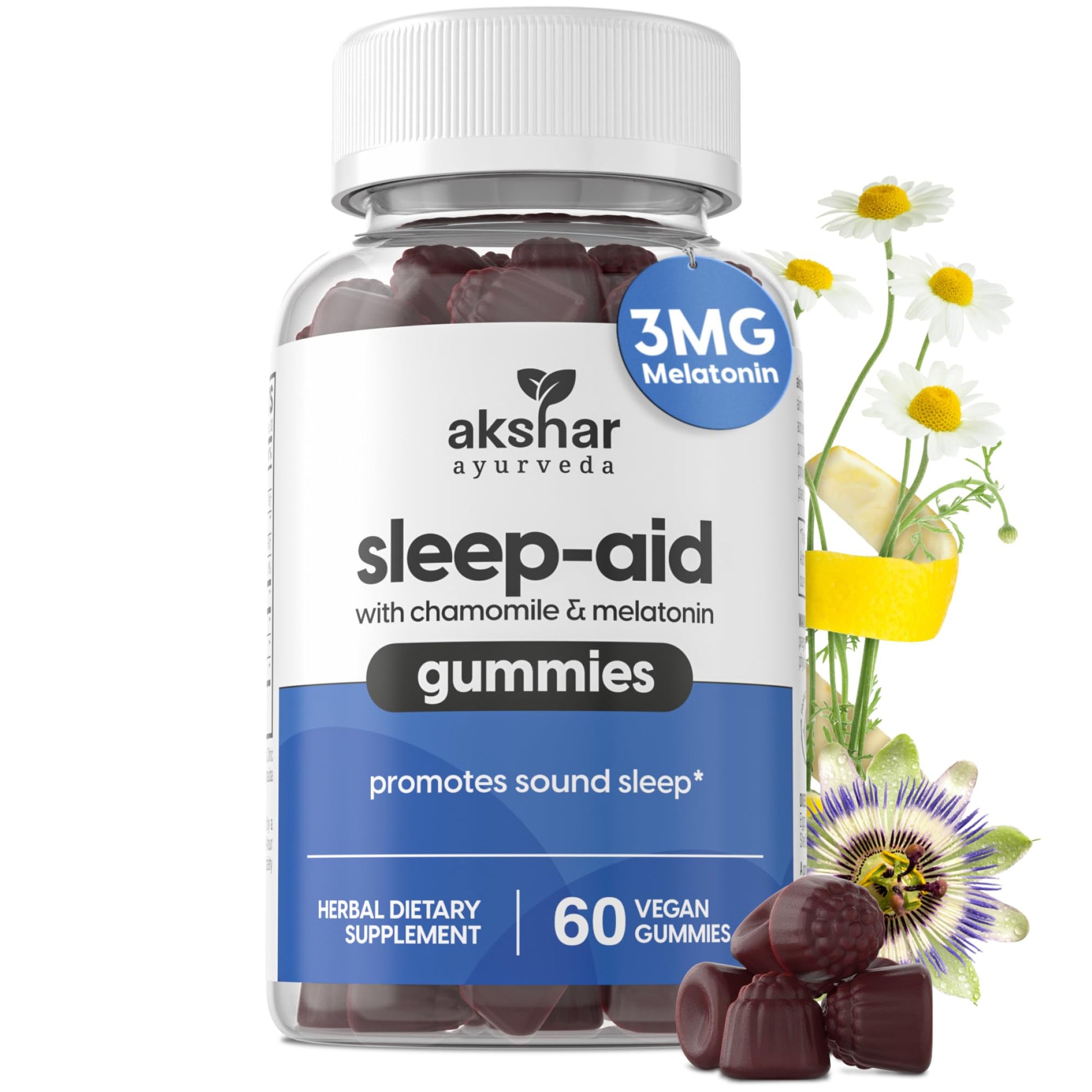 AKSHAR Sleep Gummies for Adults with Melatonin, Chamomile, Passionflower and Lemon Balm – 3mg Melatonin – Non-GMO, Vegan, Gluten Free – Made in USA, 60 Gummies