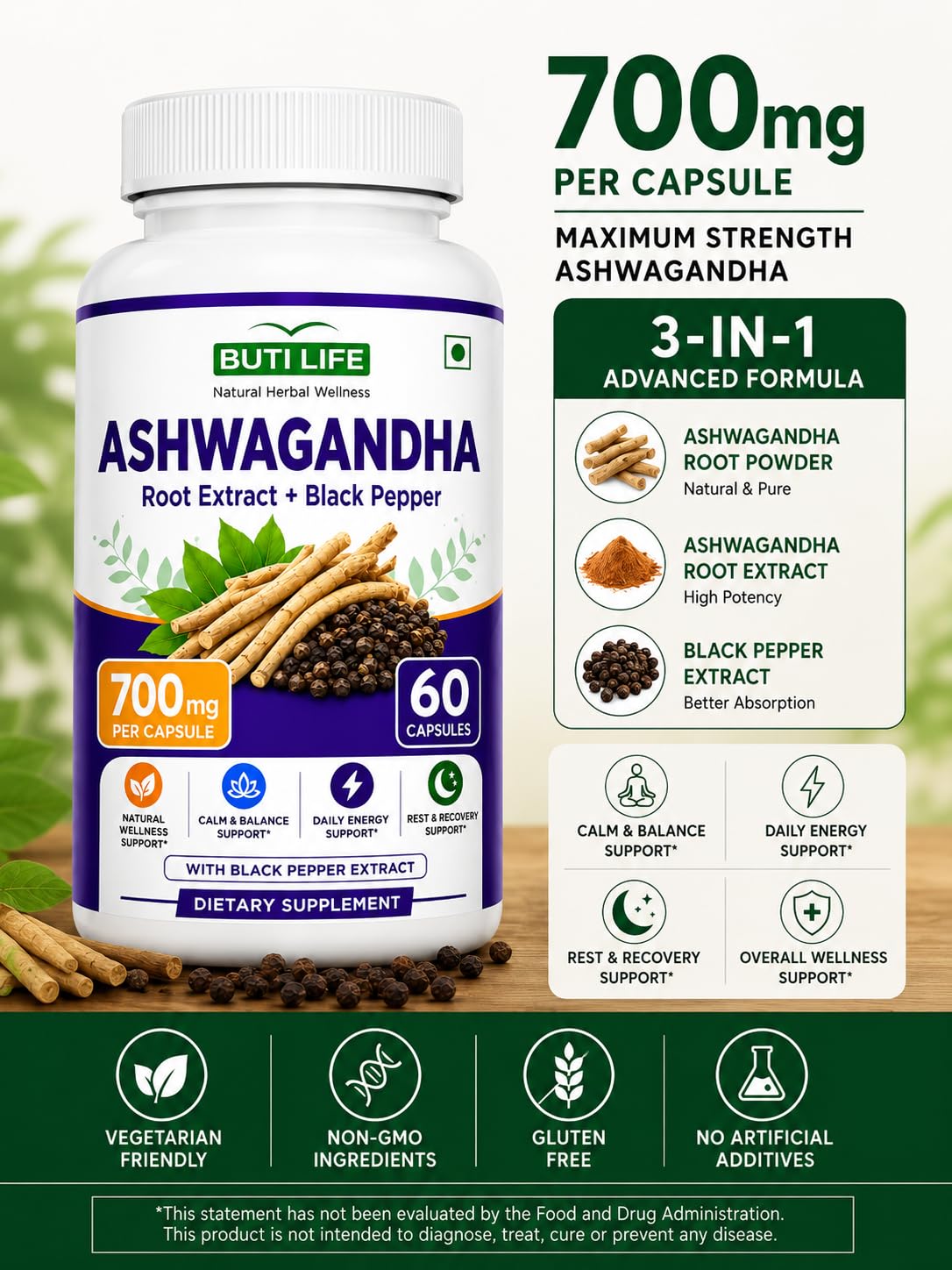 BUTI LIFE Ashwagandha Supplements 2100mg Capsule 60 Count