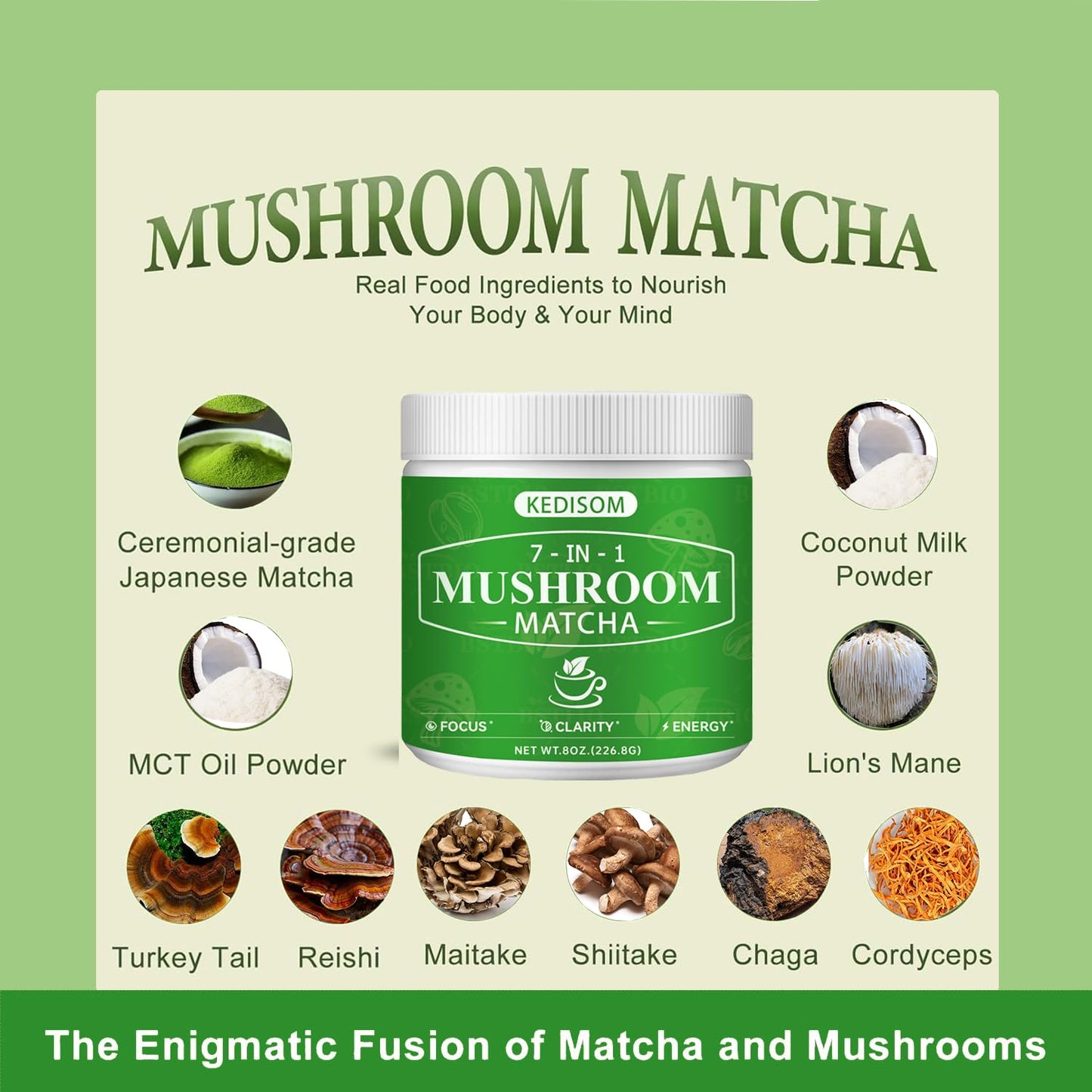 KEDISOM Mushroom Matcha Adaptogenic Mushroom Blend with 7 Superfood Mushrooms and Ceremonial-Grade Matcha with Turkey Tail, Shiitake, Lion's Mane Powder 8
