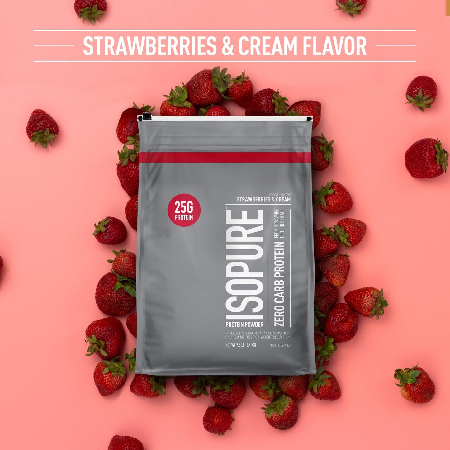 Isopure Zero Carb 100% Pure Whey Isolate Protein Powder, Strawberries & Cream, 120 Servings