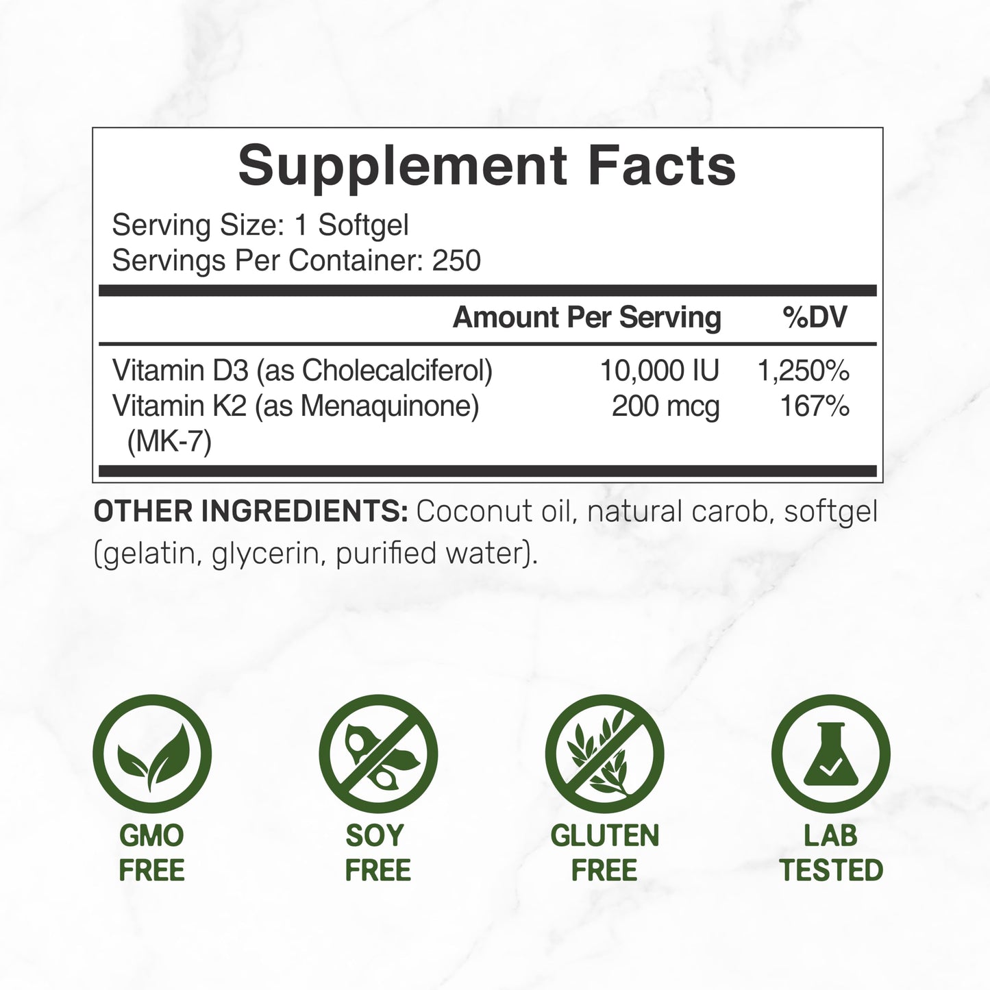 DEAL SUPPLEMENT Vitamin D3 10,000 IU + K2 MK7 200mcg Softgels, 250 Count
