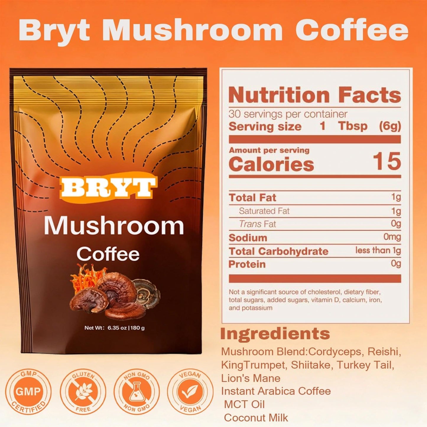 Curvani Bryt Mushroom Coffee with 6 Adaptogenic Mushrooms + Collagen – Steady Energy, Focus & Immunity Support, Powder, 6.35 oz