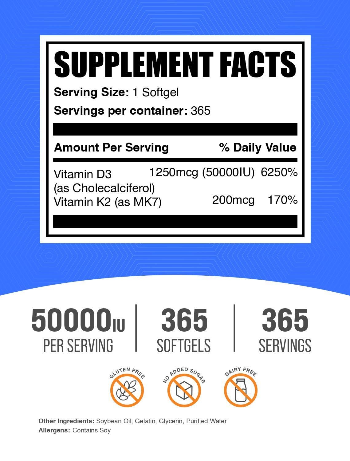 BulkSupplements Vitamin D3 50,000IU + Vitamin K2 200mcg Softgels, 365 Count