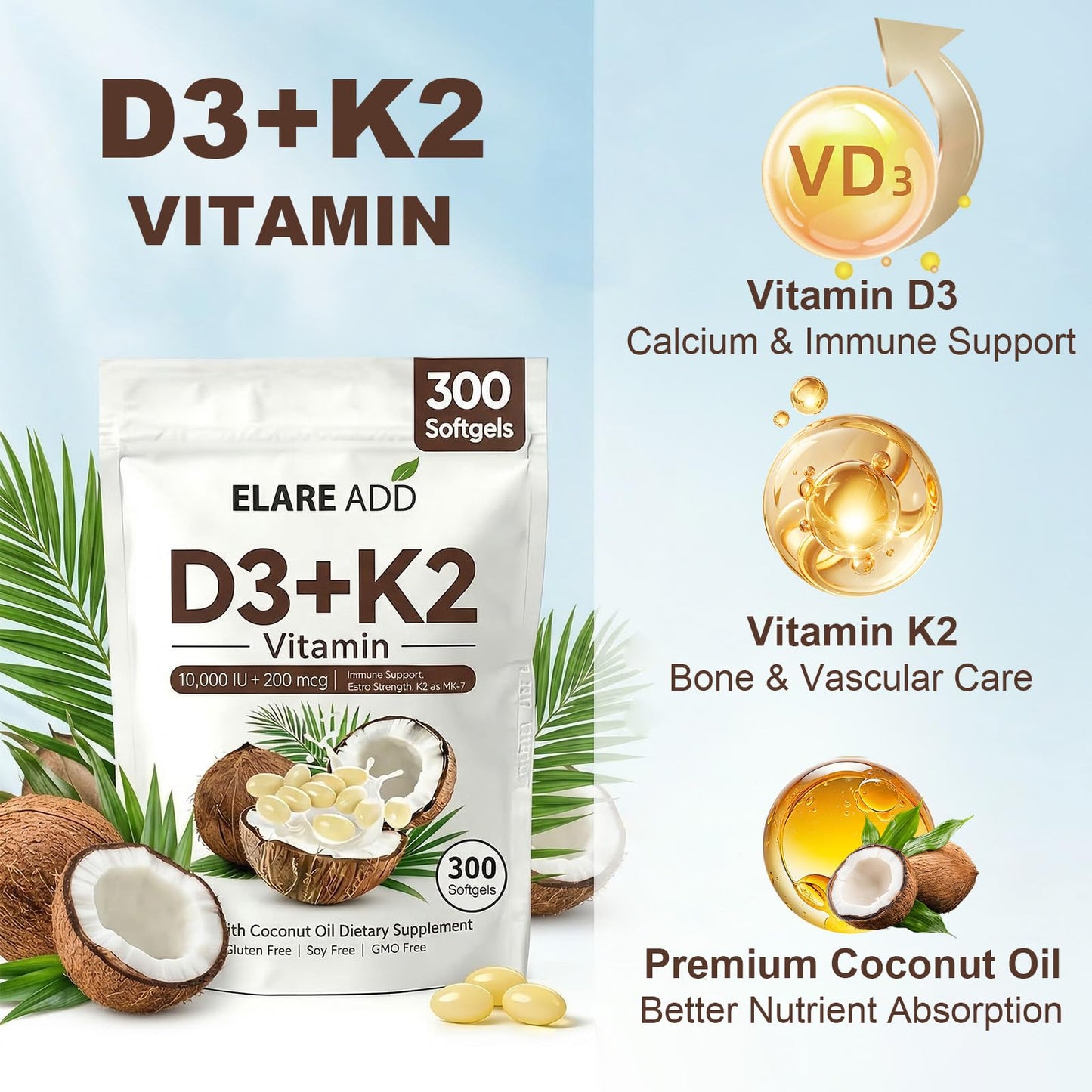Aeteon Vitamin D3 K2 Softgels 10,000 IU, 200 mcg K2 MK-7, Virgin Coconut Oil, 2-in-1 Replenish Formula, 300 Count
