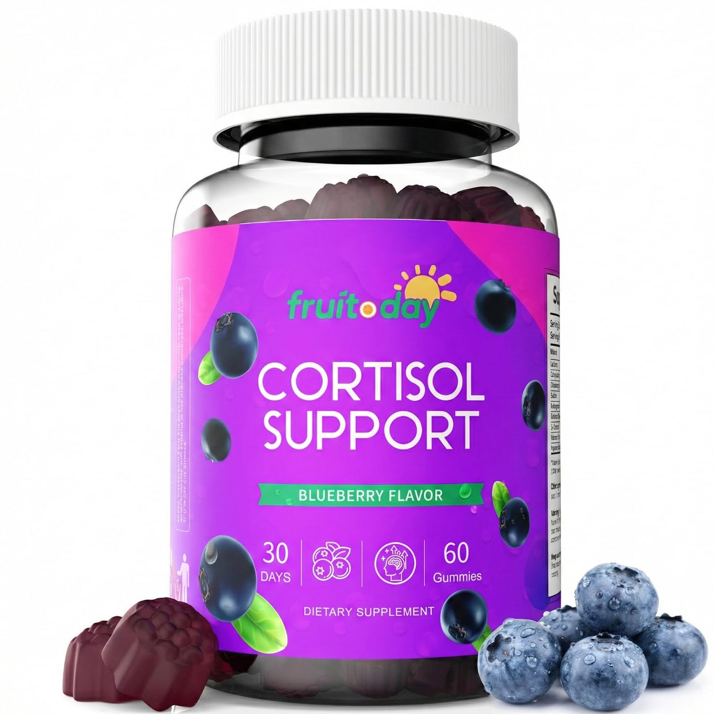 Fruitoday Cortisol Support Gummies with Ashwagandha & L-Theanine – 5-Ingredient Daily Formula, Blueberry Flavor, 1 Count