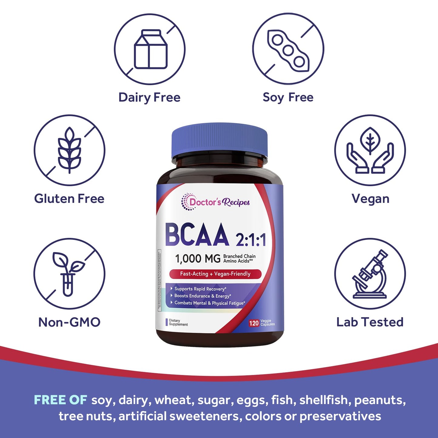 Doctor's Recipes BCAA 1000 mg (2:1:1) L-Leucine L-Isoleucine L-Valine, Branched-Chain Amino Acids, Vegan Capsules, 120 Count