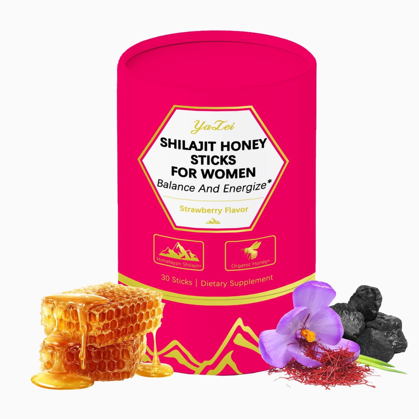 Yalei Strawberry Shilajit Honey Sticks for Women with Saffron & Shatavari Extract & Shilajit Resin Gummy, 30 Gummies