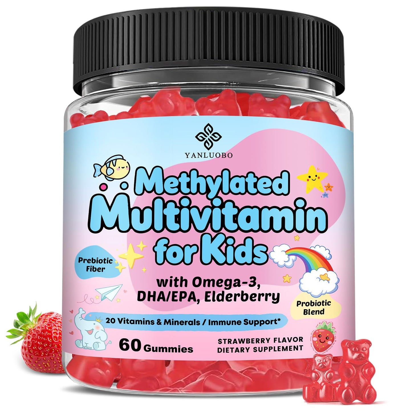 YANLUOBO Kids Multivitamin Gummies with Omega-3, 60 Count
