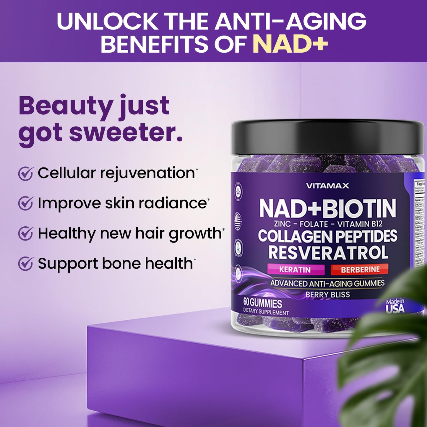 Vitamax NAD+, Resveratrol, Berberine, & Biotin Anti-Aging Gummy - Hair, Skin, Nails & Joint Supplement - Collagen Peptides, Keratin, Zinc, Vitamin K2 & D3 Gummies - Regeneration - Non-GMO - Made in USA - 60 Count