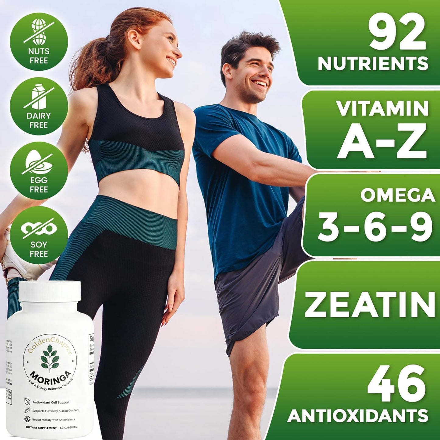 GoldenChapter Pure Moringa Capsules with Iron, Magnesium, Vitamins B12 & C, Energy Boost & Gut Health, 60 Count