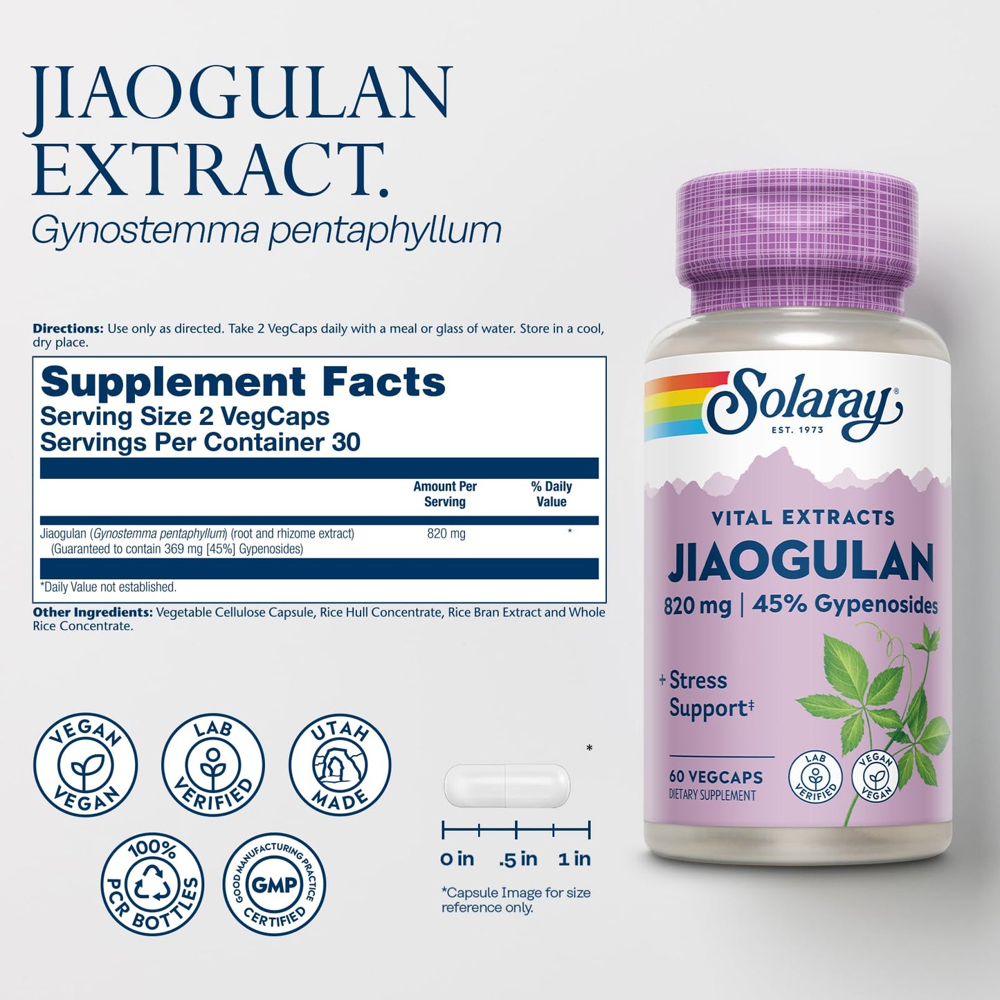 SOLARAY Jiaogulan Root and Rhizome Extract, Gynostemma Pentaphyllum Stress Support and Antioxidants Supplement Capsules, 60